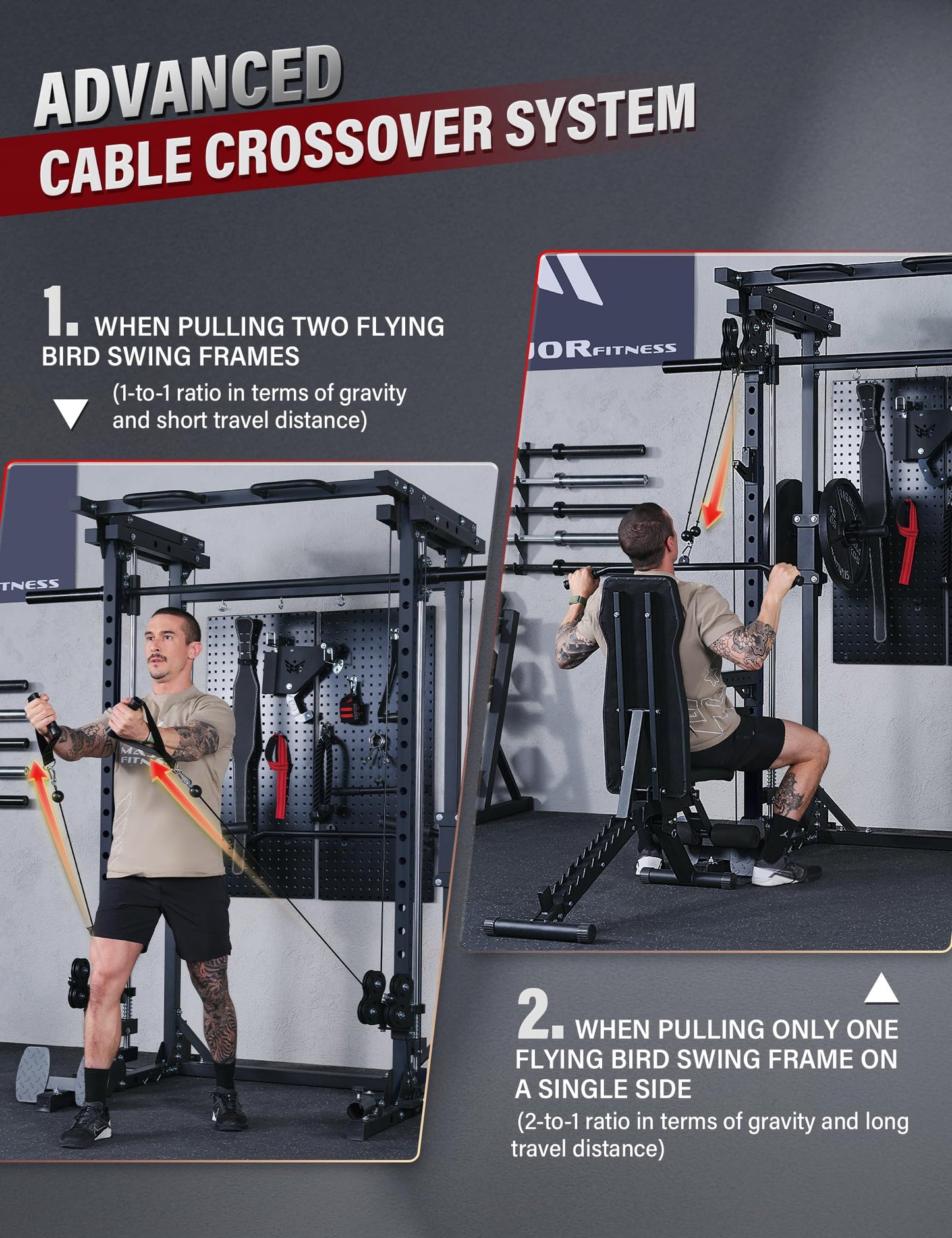 MAJOR FITNESS Drone3 Smith Machine, 2500lbs All-in-One Home Gym Power Rack with Dual Pulley System for Cable Crossover, Pull-Up Bars (D3SMS-BK (with Bench Elite BLK & 230LB BLK BP & Bar))