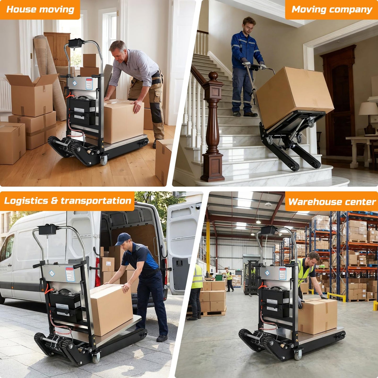 1200W Electric Stair Climbing Dolly, 900lbs Heavy Duty Stair Climber Trolley with Upgraded Tracks, Height-Adjustable Tray, Lithium Battery & Safety Rope for Warehouse, Black