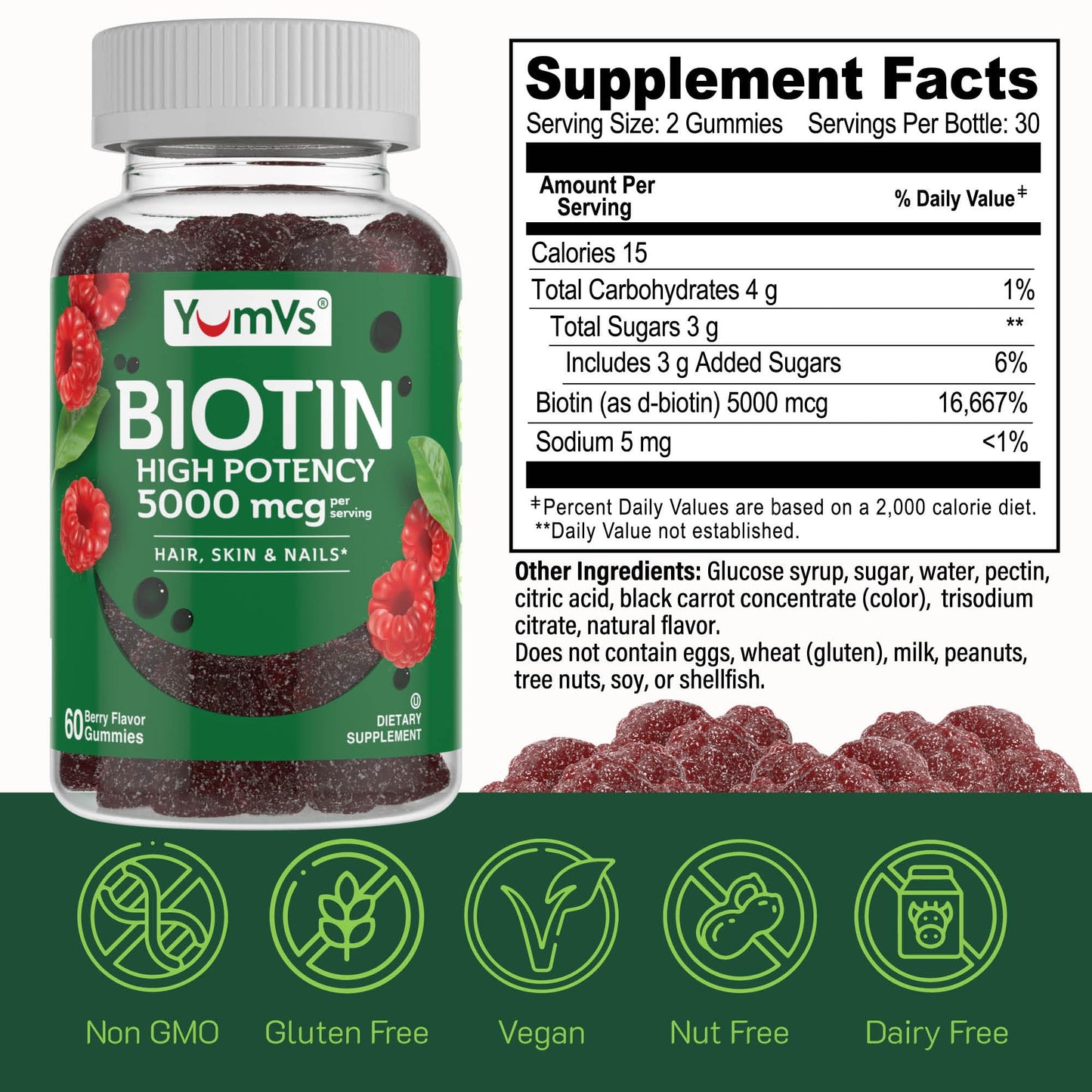 YUM-V'S YumVs Biotin Gummies 5000mcg - Luscious Raspberry Flavor - Thicker Faster Hair Growth Gummies for Women or Men - Hair, Skin & Nails Vitamins - Hair Gummies (60 Count (Pack of 2))
