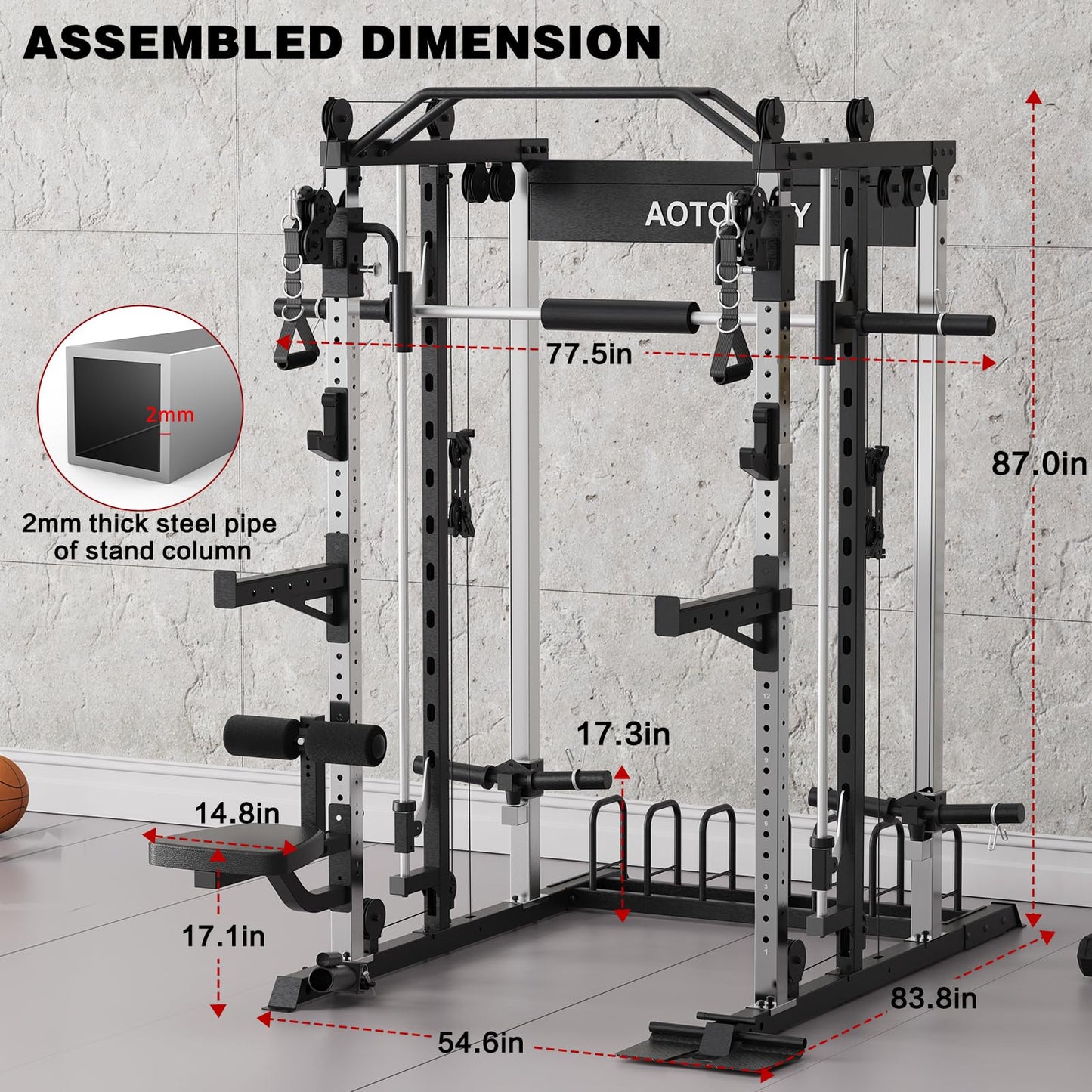AOTORJAY Smith Machine Home Gym Strength Training Squat Rack Height Adjustable Power Cage with LAT Pull-Down Systems (Smith Machine)