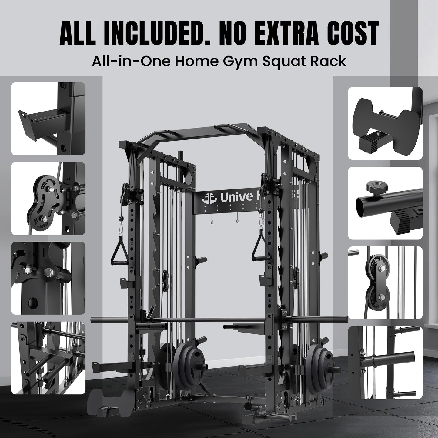Unive Fitness F4 Smith Machine, All-in-One Squat Rack for Home Gym and Dual Cable Training System, Full-Body Workout Machine for Garage Gym or Bedroom (BK F4SM+RD WB+265lb WP)