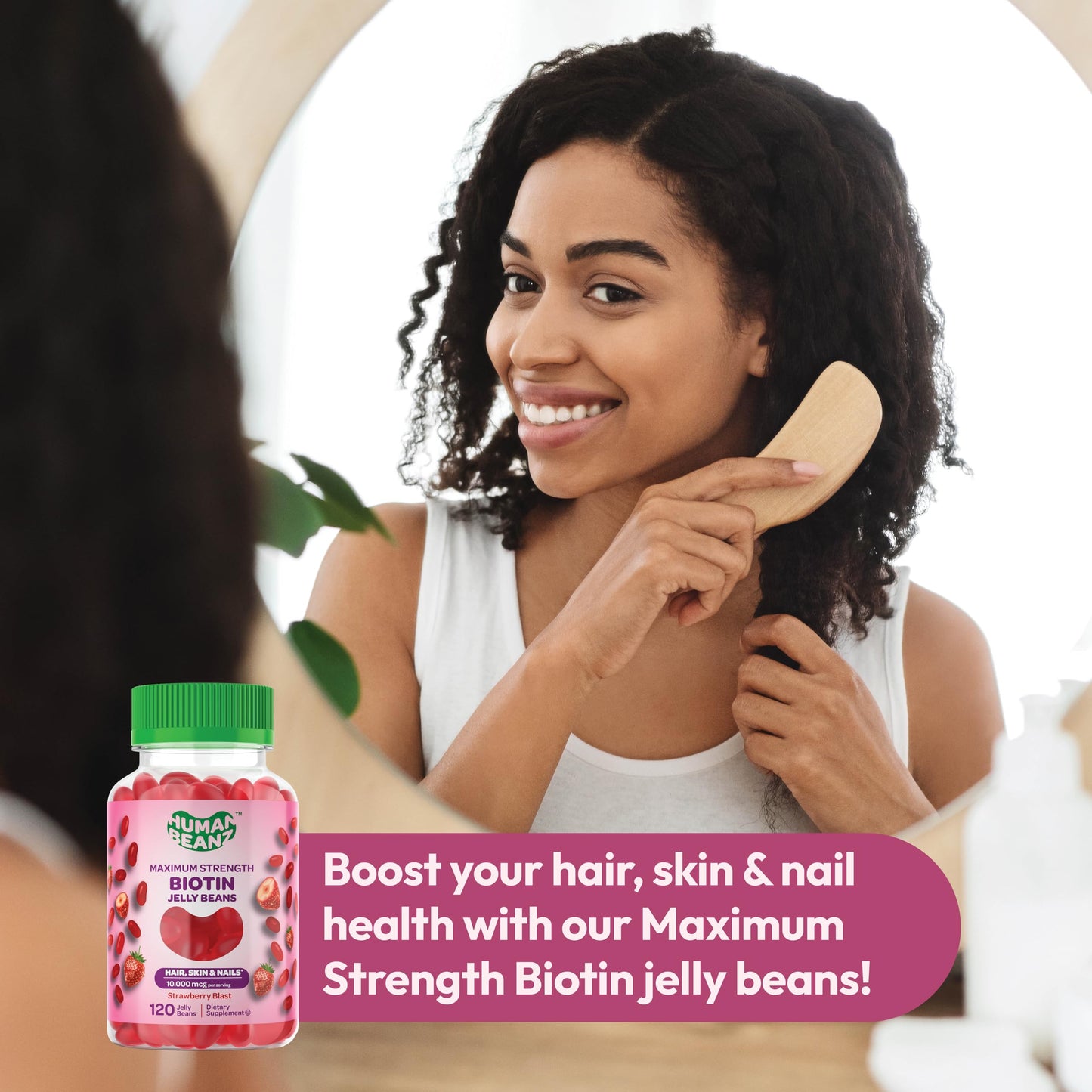 Human Beanz Biotin Jelly Bean Gummy Vitamins, Max Strength Biotin for Hair, Skin and Nails, 10,000mcg per Serving, Hair Growth Vitamins for Men and Women, 120 Strawberry Blast Jelly Beans, Kosher