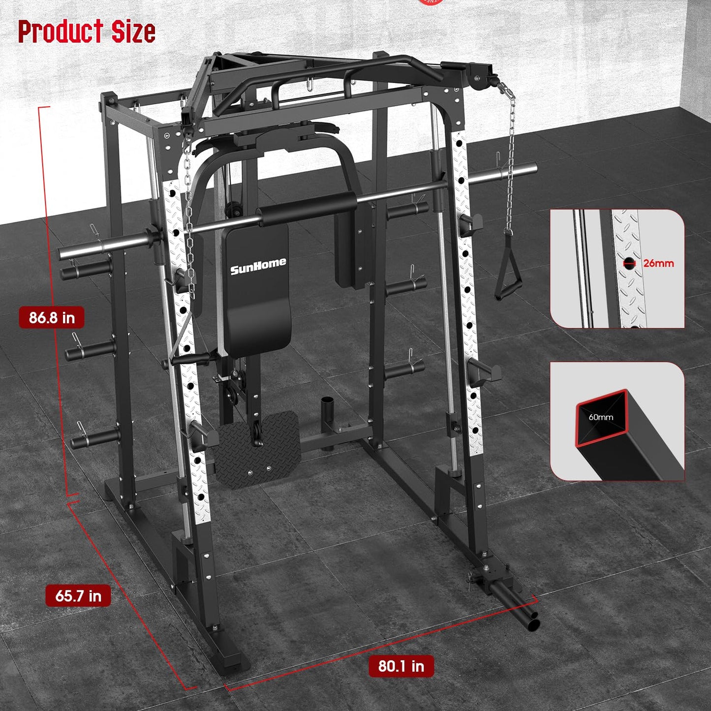 SunHome Smith Machine, Power Cage Squat Rack with Smith Bar, Two LAT Pull-Down Systems, Cable Crossover Machine and More Cable Attachment for Home Gym