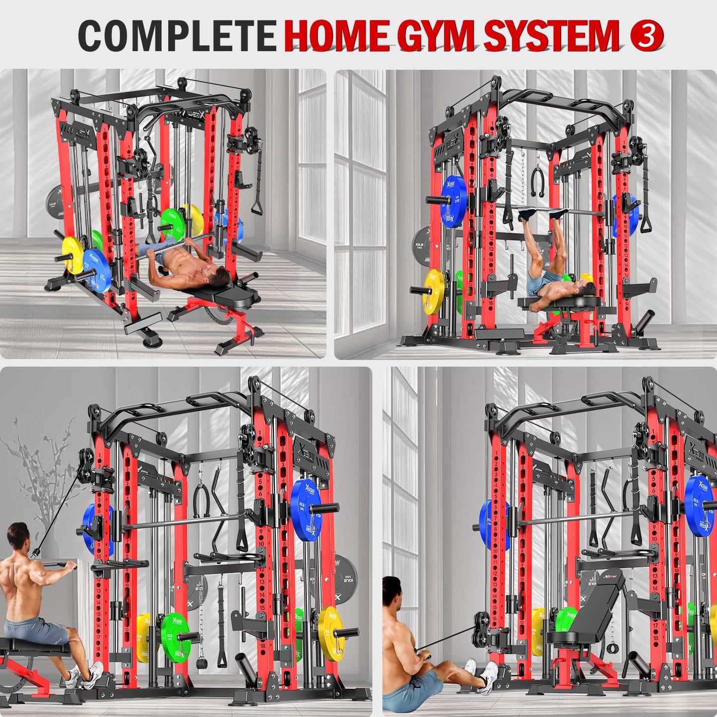 Smith Machine with Cable Crossover System, Multi-Function Power Cage Squat Rack for Home Gym, Power Rack and Packages Weight Sets. (Red, L04-Smith Machine+Bench+(Pole+Cast lron) 336LBS)