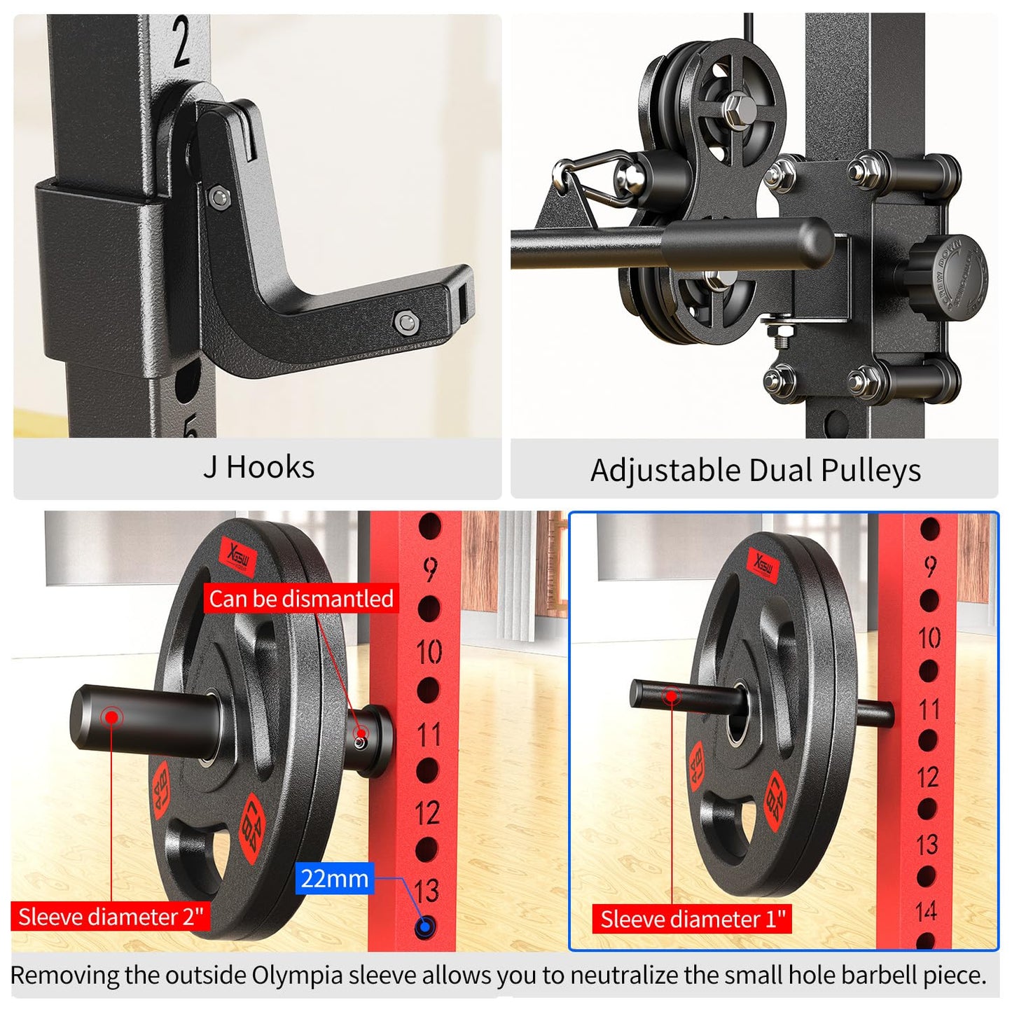 XGSW XINGESIWR Multi-Purpose Squat Rack,Smith Machine Weight Rack Set with Cable Crossover System, Home Gym Power Racks, Power Racks and Packages (L02, Power cage Red+Bench+Cast lron 220LBS)