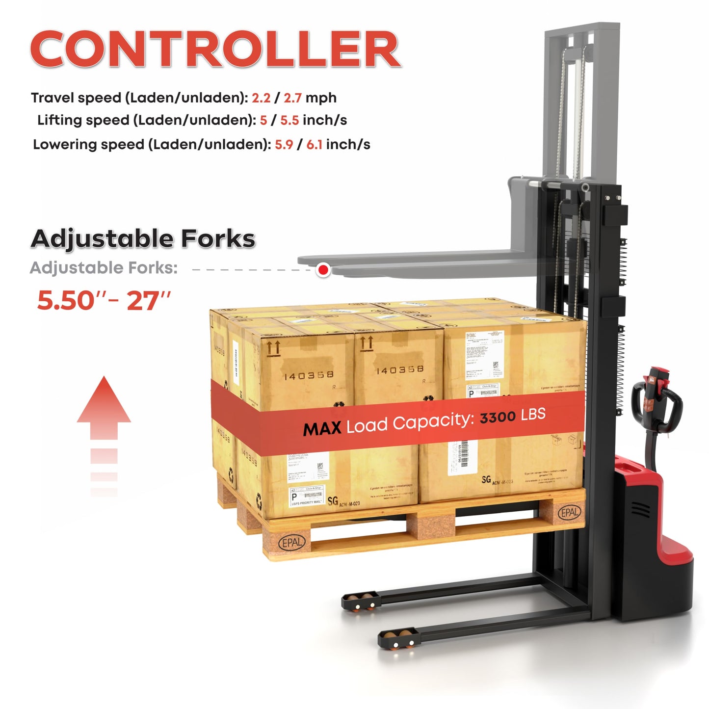 Full Electric Walkie Pallet Stacker 3300 lb Capacity, 98″ / 8 Ft Lift Height, Fixed Narrow Legs & Adjustable Forks 5.5″–27″, Battery Powered Material Lifter for Warehouse (US-ESN33K-98)