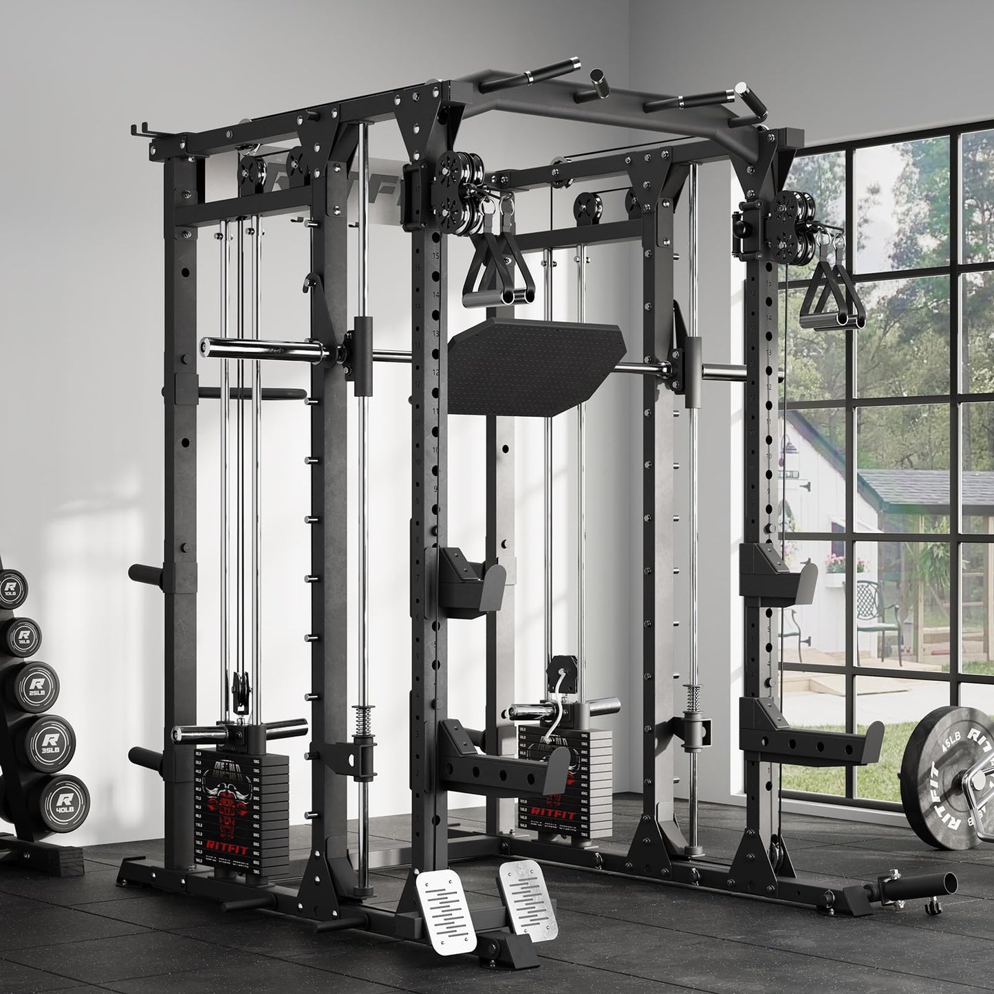 RitFit Buffalo Smith Machine Package, All-in-One Power Cage with Weight Stack , Power Rack with Cable Crossover & Leg Press Attachment for Home Gym