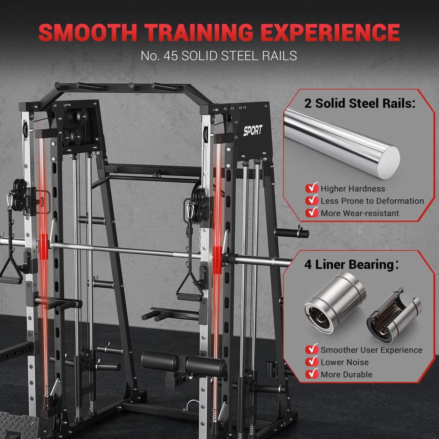 Smith Machine for Home Gym, Multifunctional Strength Training Power Cage with T Bar, LAT-Pull Down System and Cable System, 2200 Lbs Squat Rack with More Training Attachment, Black