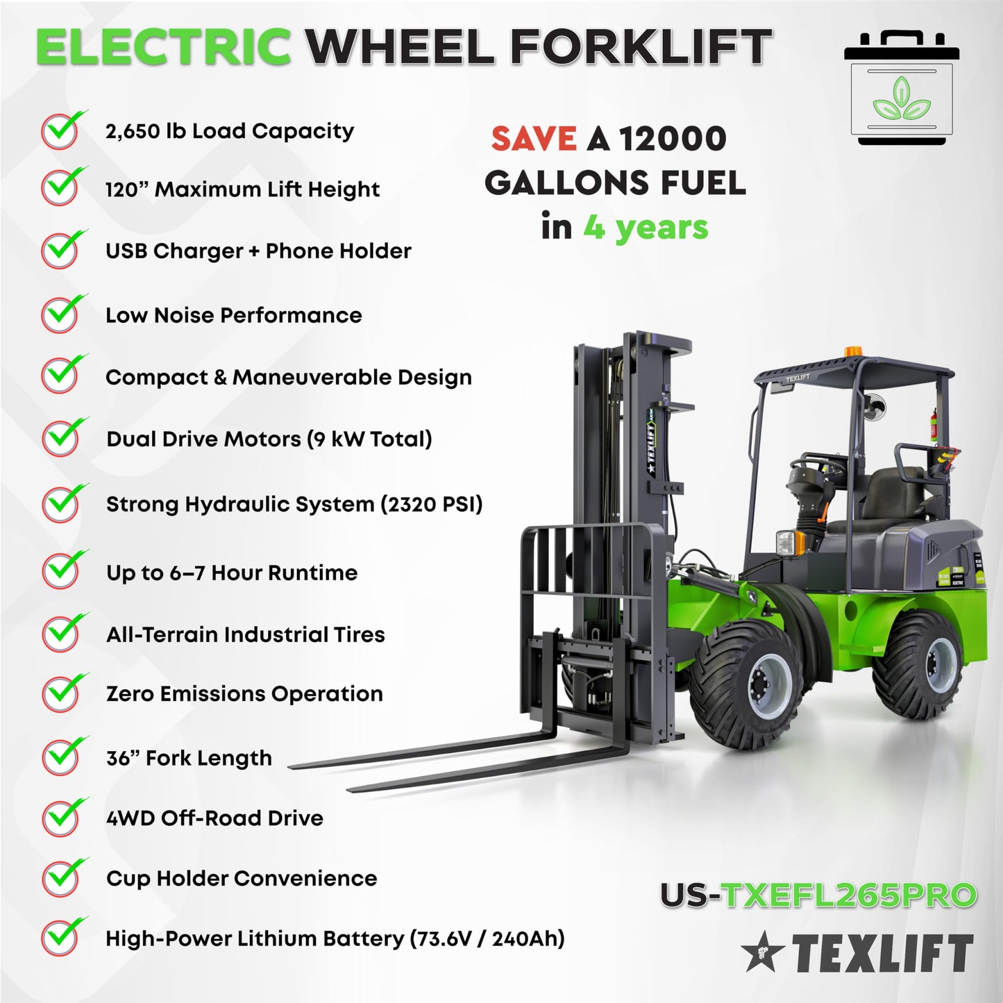 All-Terrain Off-Road Electric Forklift Pallet Stacker - 2650 Lb Capacity, Lithium Battery Powered Lift Truck, 120″ Lift Height, 36″ Forks - Yard, Job Site & Warehouse Use (US-TXEFL265PRO)