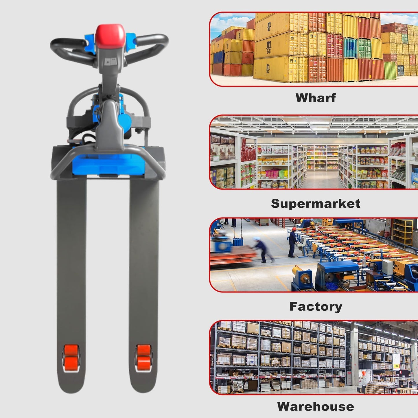 Tory Carrier Electric Pallet Jack 3300lbs, 45”×21” Forks, 48V Lithium & Brushless Motor for Narrow Warehouse Aisles & Tight Spaces, Retail & Delivery Trucks, Blue