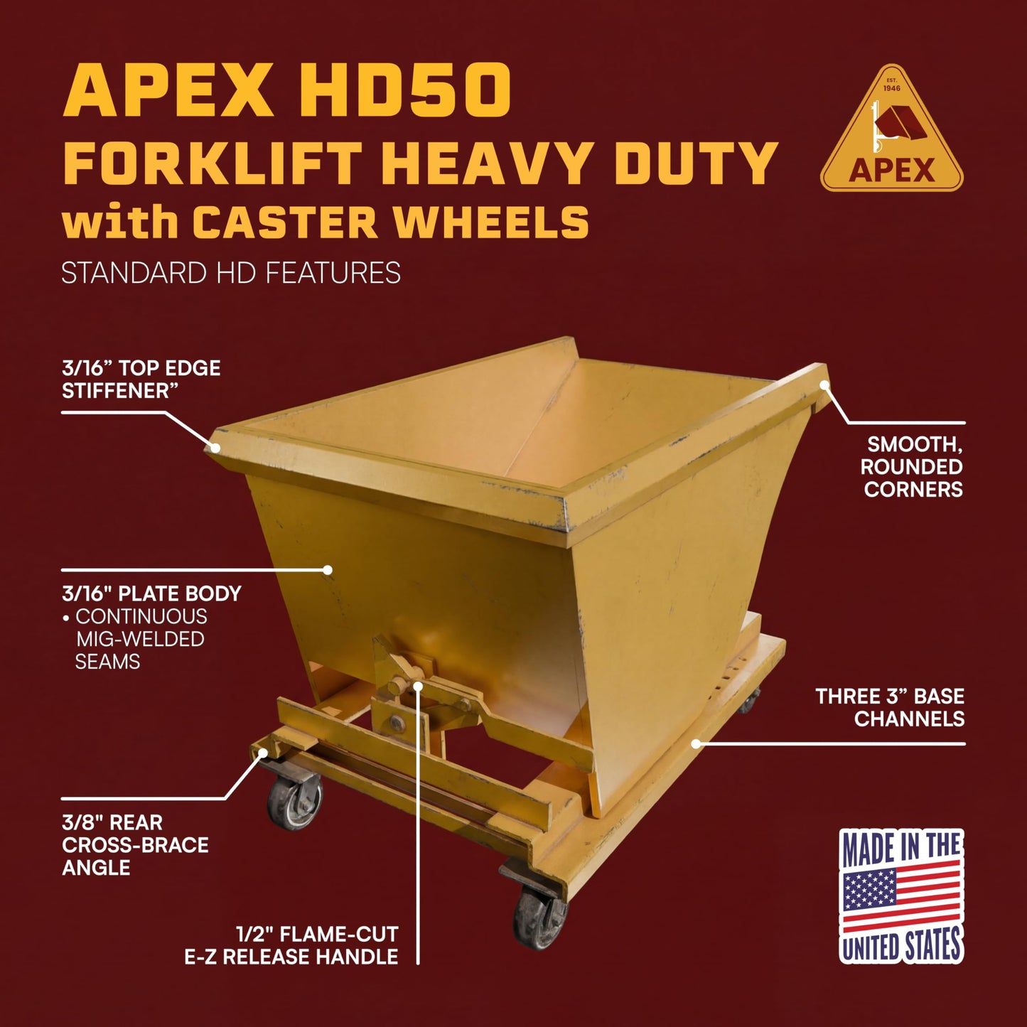Apex Heavy Duty Self-Dumping Hopper with Casters, 1/2 Cubic Yard Capacity, 6000 lb Load, Durable Steel Construction, Commercial and Industrial Use, Made in The USA (1/2 Cubic Yard)