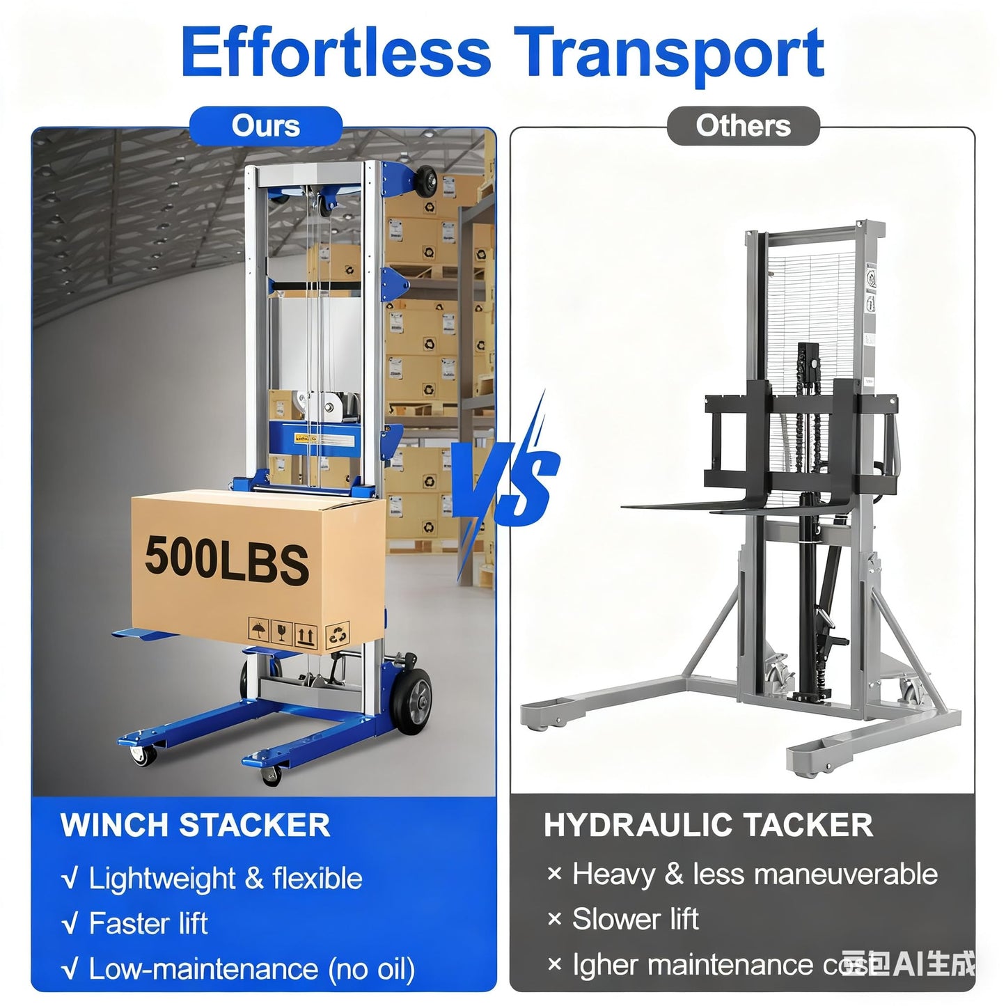 ELOMBR 500 lbs Capacity, Material Lift Winch Stacker, 70" Lift Height, Fixed Straddle Hand Winch Lift Truck, Material Lifts for Warehouse, 34.60"L x 24.80"W