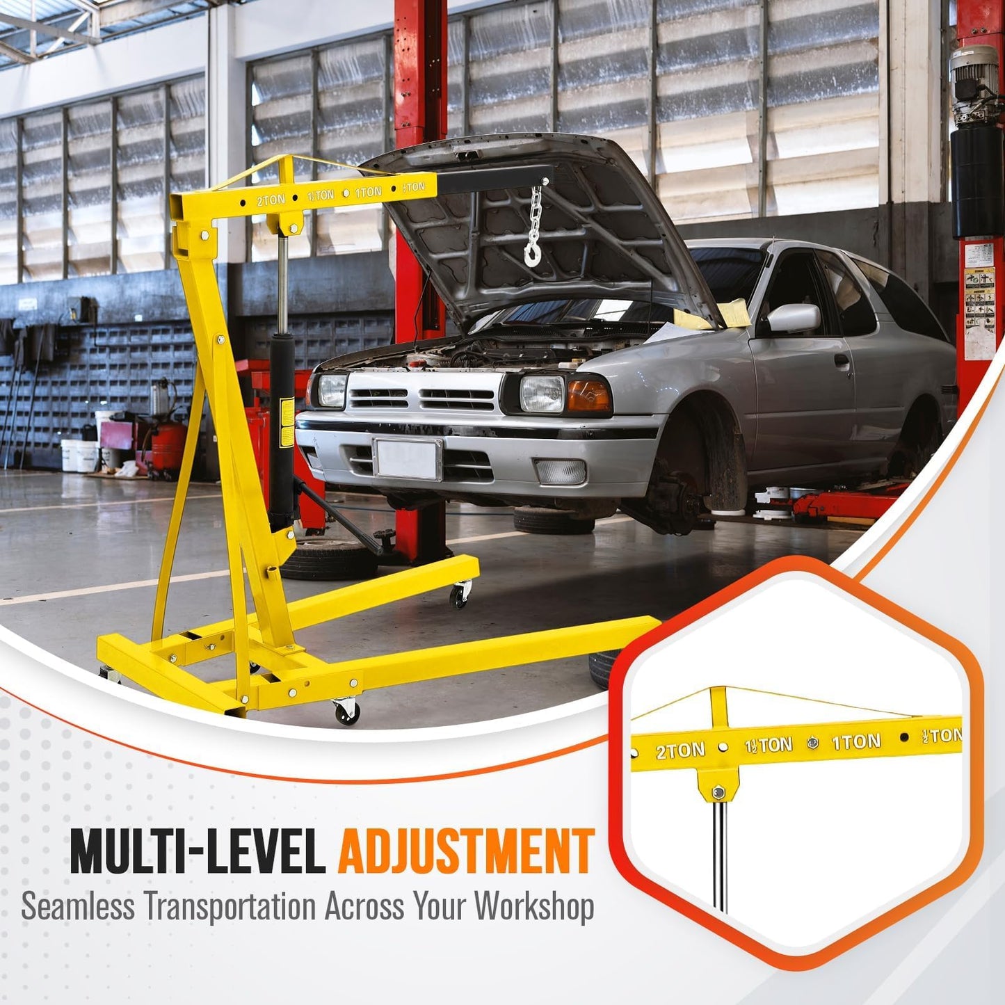 Hydraulic Engine Hoist, 2-Ton Folding Portable Shop Crane Lift, 4400 Lbs Capacity with Telescopic Boom and 6 Casters, Foldable Mobile Cherry Picker for Garage Workshop Warehouse, Yellow, Heavy-Duty