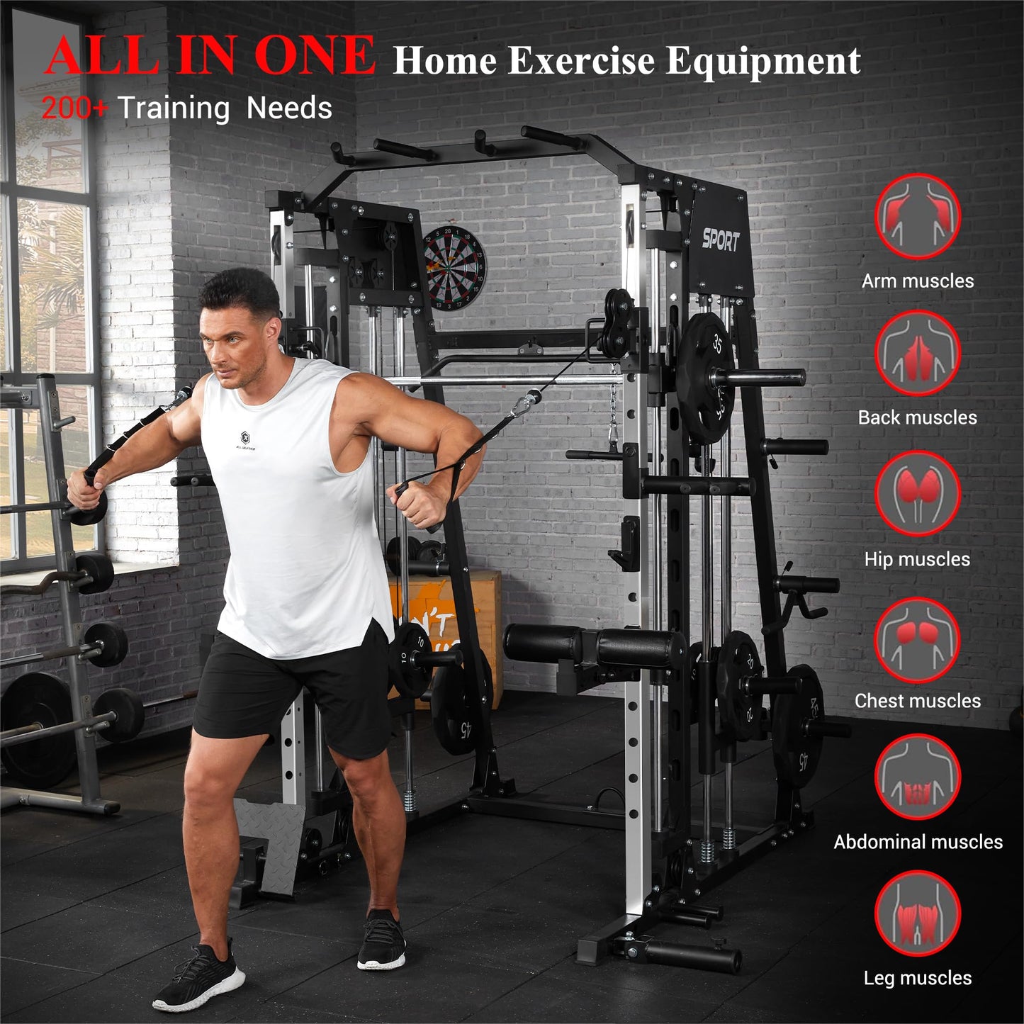 Smith Machine for Home Gym, Multifunctional Strength Training Power Cage with T Bar, LAT-Pull Down System and Cable System, 2200 Lbs Squat Rack with More Training Attachment, Black