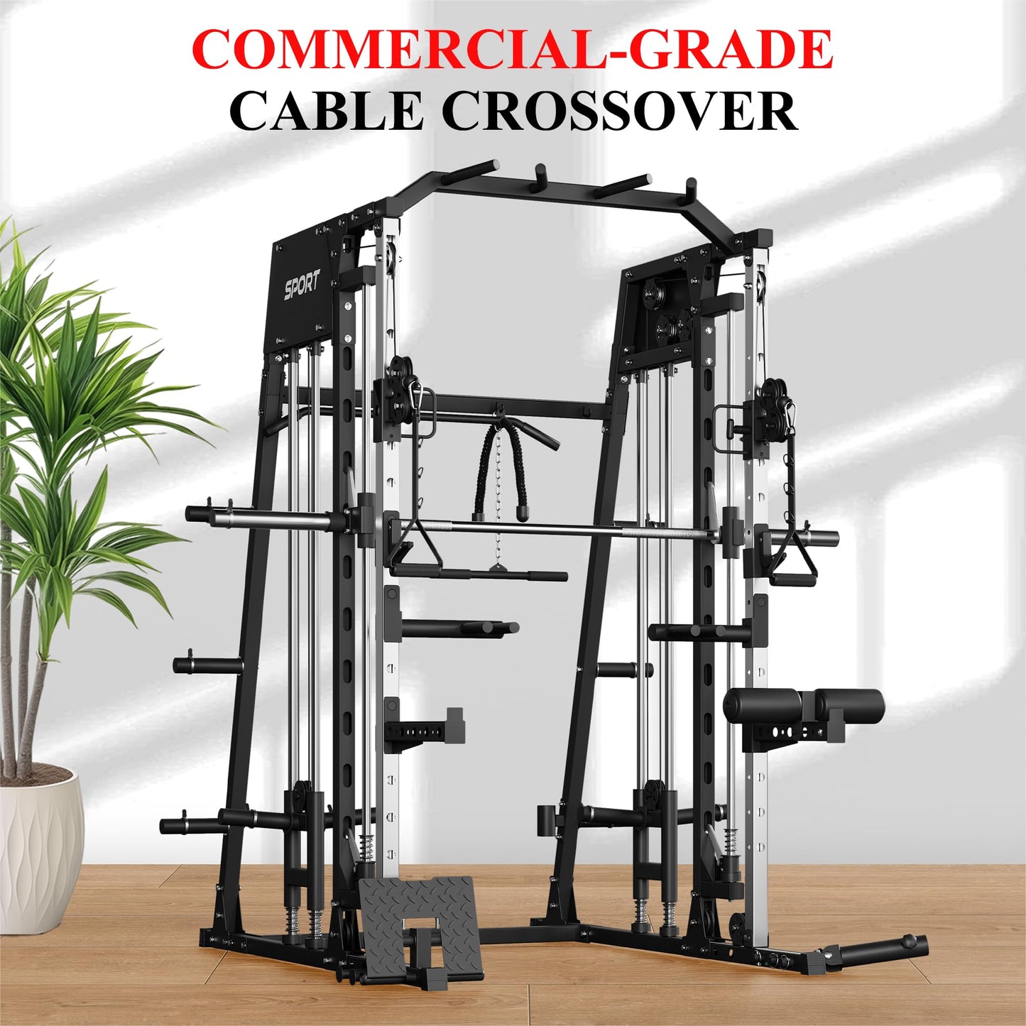 Smith Machine for Home Gym, Multifunctional Strength Training Power Cage with T Bar, LAT-Pull Down System and Cable System, 2200 Lbs Squat Rack with More Training Attachment, Black