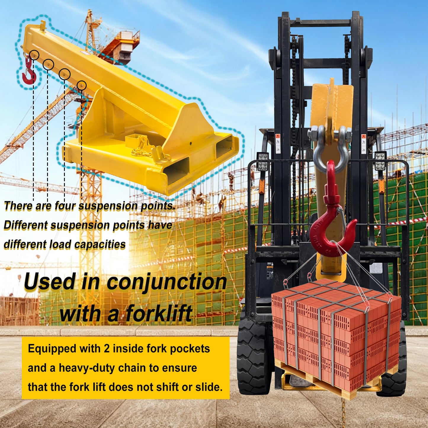 HayWHNKN Forklift Jib Boom Forklift Mobile Crane, 4T / 8800LB Telescopic Crane Attachment with Hook, Max Length 94.5'' Mobile Lifting Hoist Towing Handling for Warehouse & Construction Material