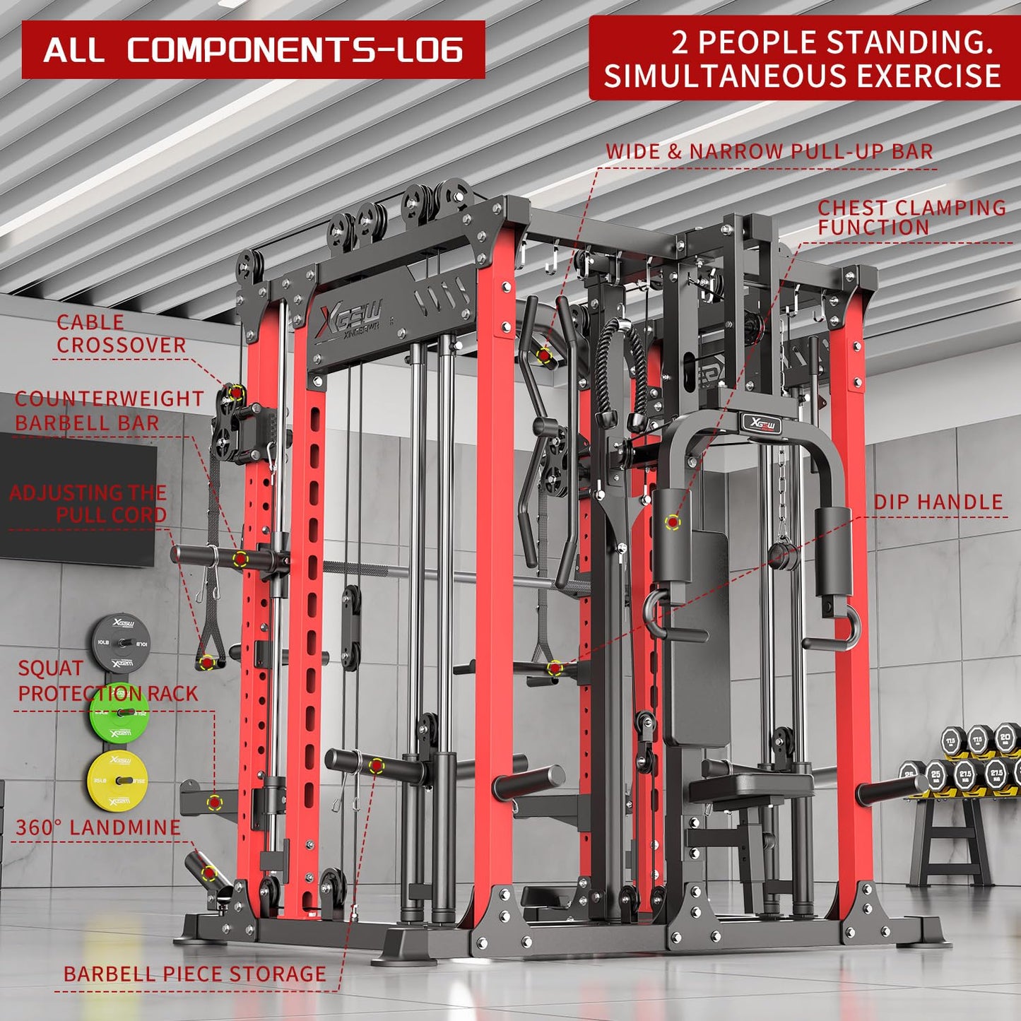 Multi-Purpose Squat Rack,Smith Machine Weight Rack Set with Cable Crossover System, Home Gym Power Racks, Power Racks and Packages (L06 two users, Power cage Red+bench+Cast lron 220LBS)