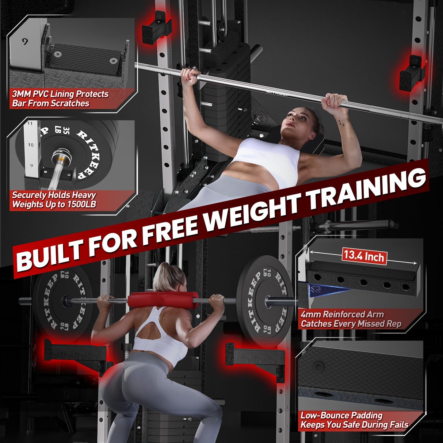 Home Gym Smith Machine with 320lb Weight Stacks – 6-in-1 Power Rack, Crossover, Pull-Up & Dip Station, Full Body Strength Training – RitKeep PMAX-5600 Pro (Black (Pro) with Red Bench(320LB))