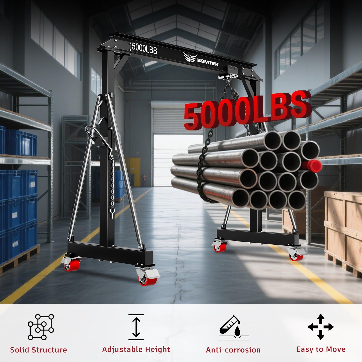2 Ton Adjustable Gantry Crane,2026 Upgraded 5000LBS Steel I-Beam Construction, Portable Design with 360°Locking Wheels,Gantry Crane Adjustable Height from 8.53-12.5ft for Workshop,Garage