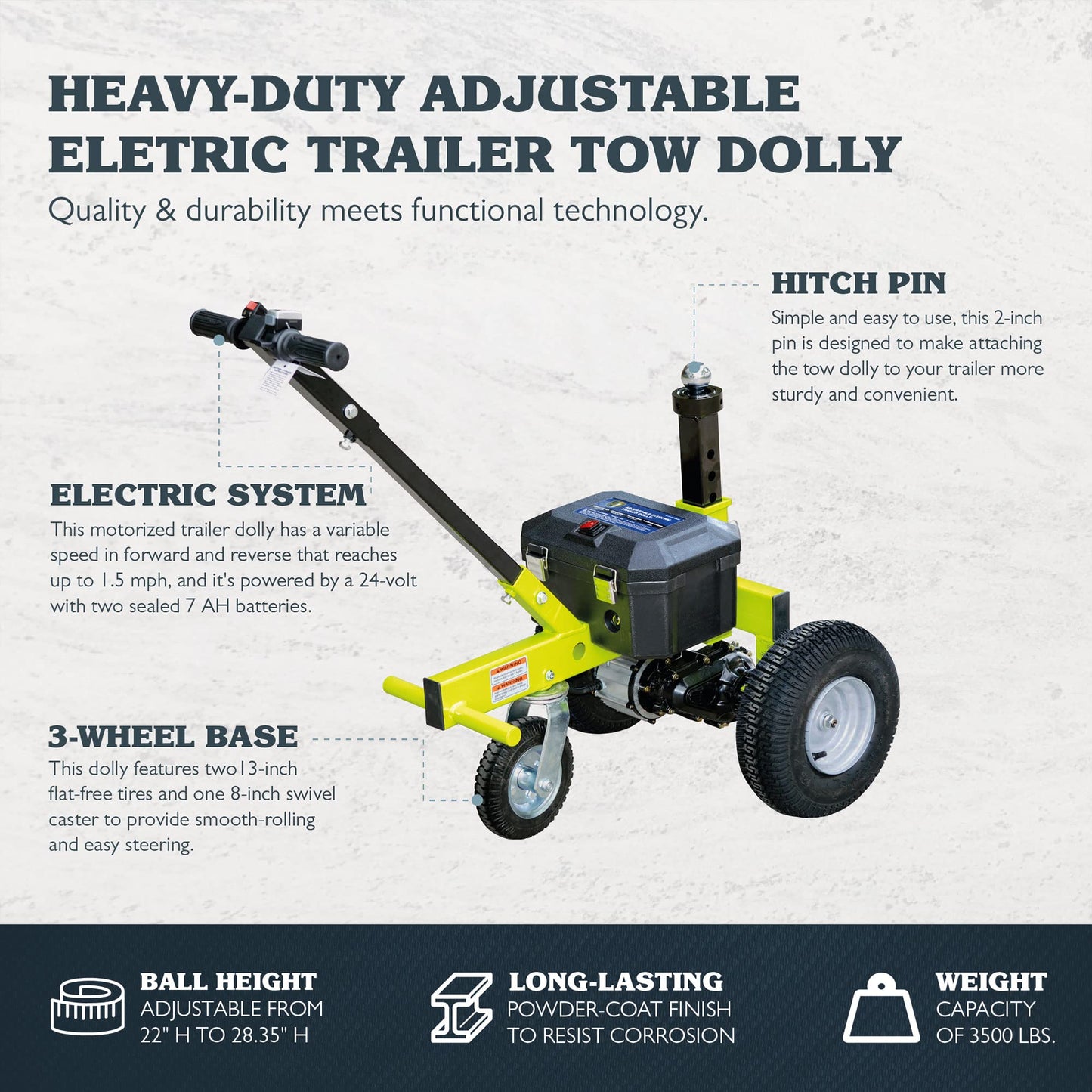 Tow Tuff Electric Trailer Dolly w/ 13" Tires & 8" Swivel Caster Wheel, 3500 lb Capacity, Green - 22" to 28.35" Adjustable Ball Height, 1.5 Mph Speed, Fits 2" Ball Mount, Utility, Boat or Cargo Use