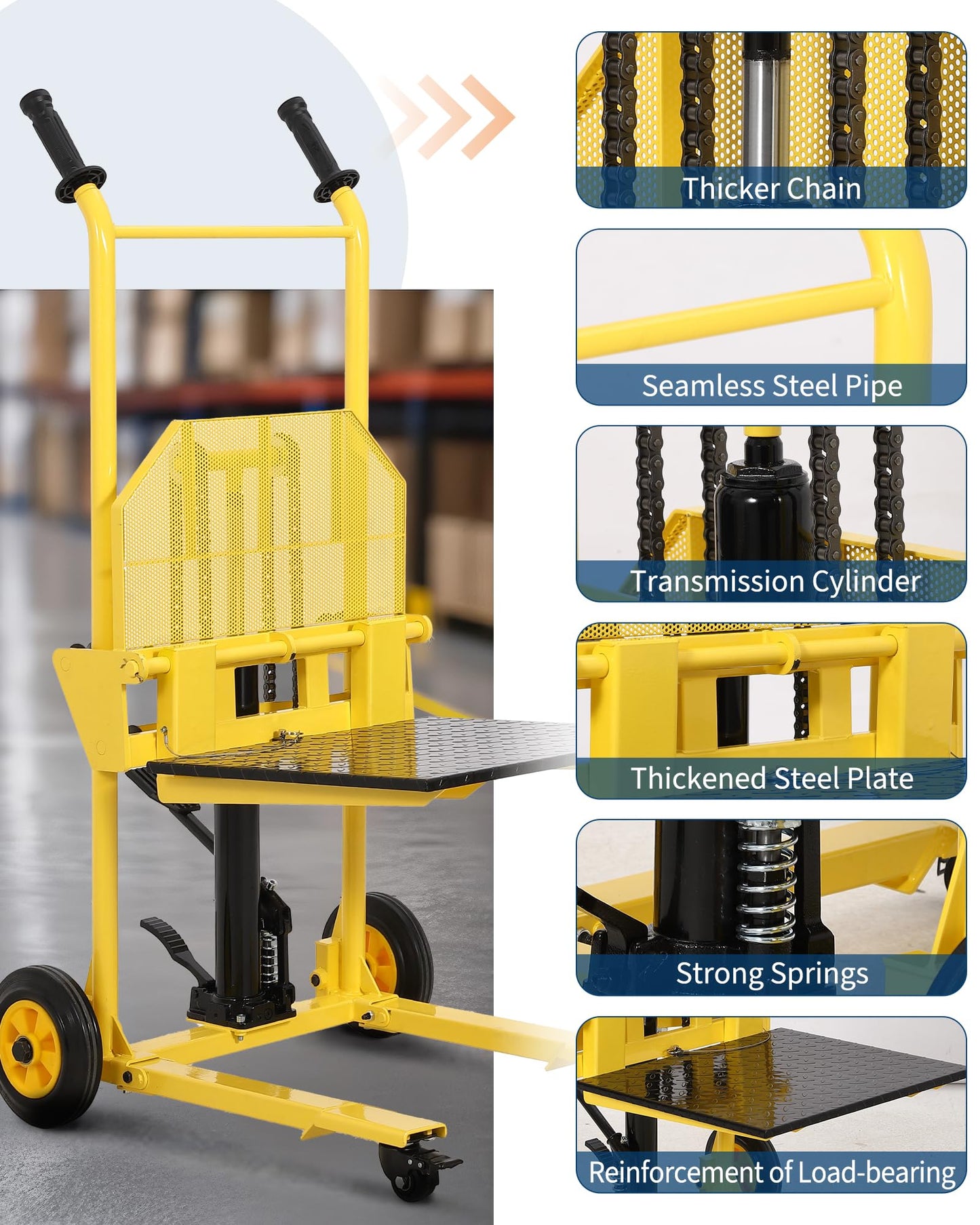 Hydraulic Material Lift Winch Stacker with Swivel Wheels, 440Lbs Capacity Pallet Forklift, Hydraulic Lift Table with 36in Lift, Durable Pallet Jack Table Cart for Easy Material Handling