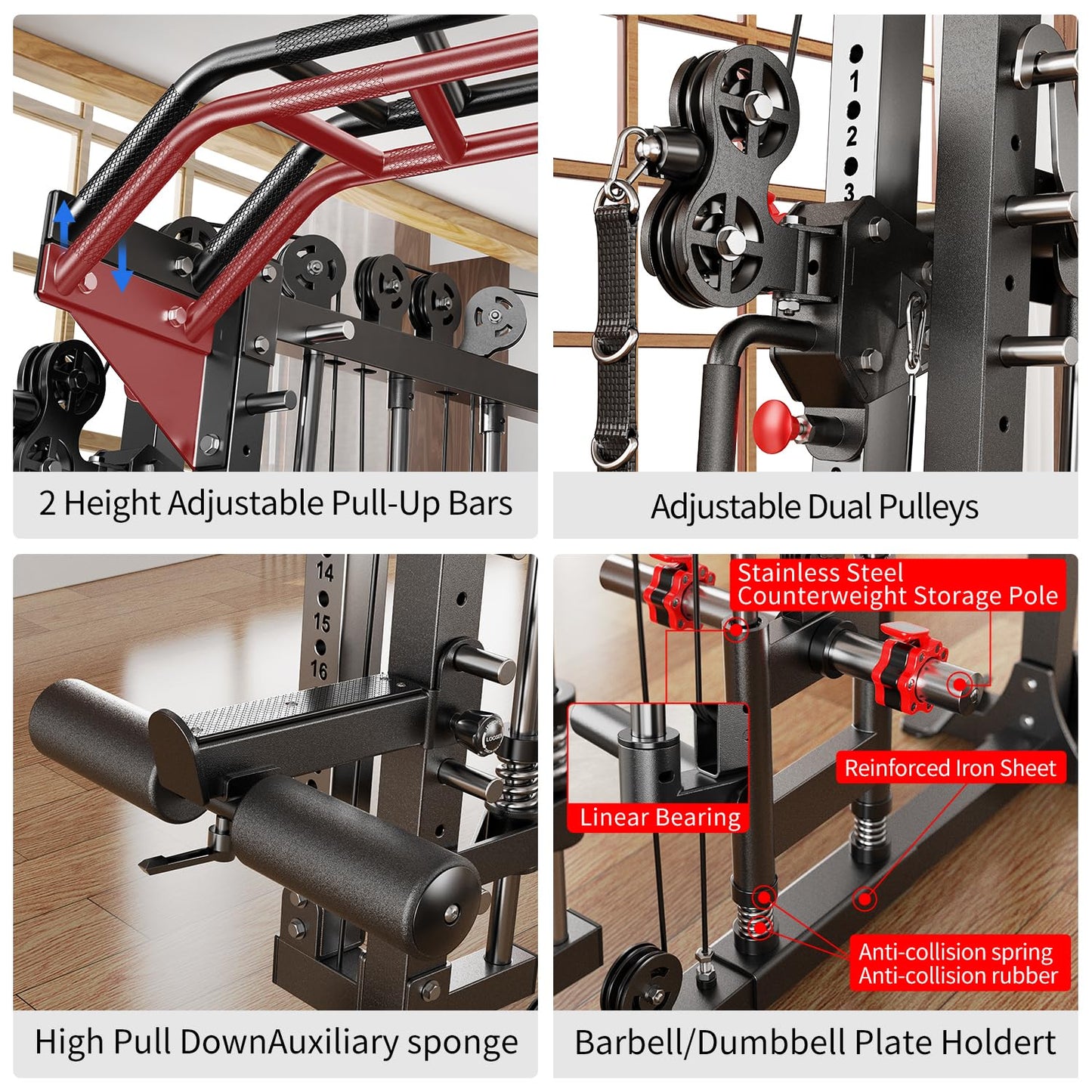 XGSW XINGESIWR Multi-Purpose Squat Rack,Smith Machine Weight Rack Set with Cable Crossover System, Home Gym Power Racks, Power Racks and Packages (L05, Power cage Red+Bench+(Pole+Color BP) 400LBS)
