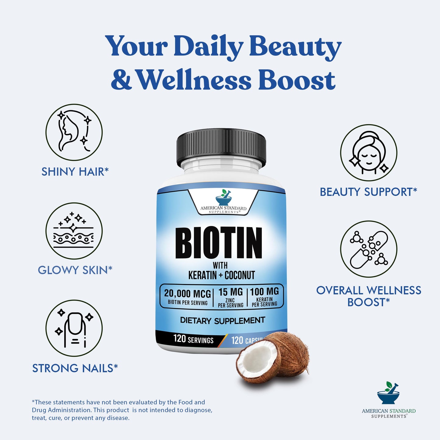 American Standard Supplements Biotin 20,000mcg with Keratin, Coconut Powder and Zinc, Biotin Supplement for Women and Men,120 Veggie Capsules, 120 Day Supply