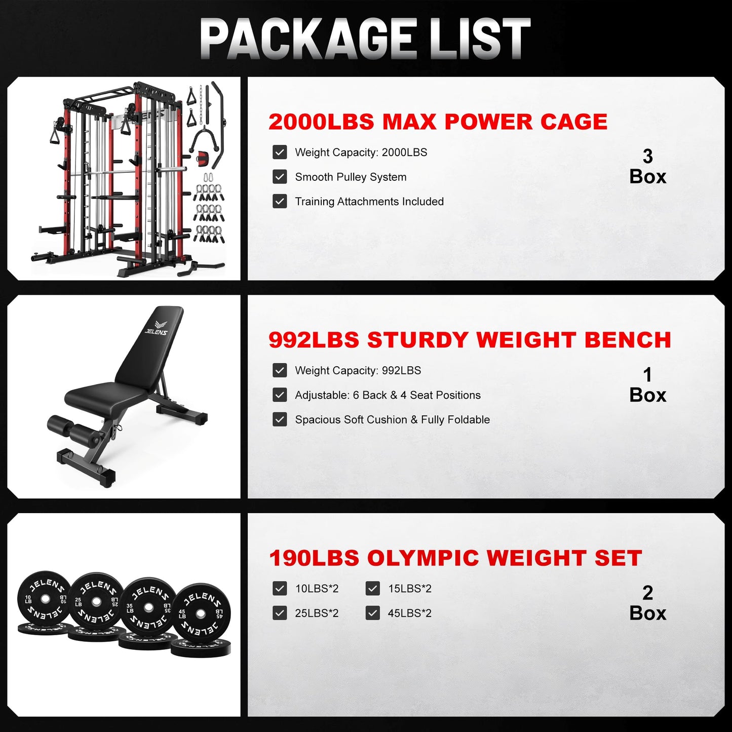 JELENS Smith Machine for Home Gym, Multi-Function M12 Power Cage, Squat Rack with Smith Bar and More Attachment (Red, 190LB Black Weights Package)