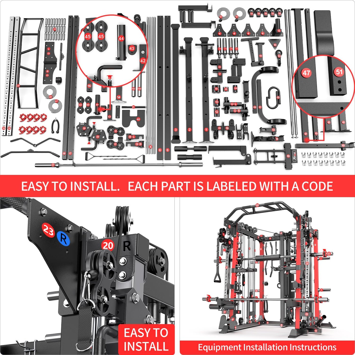 XGSW Smith Machine with Cable Crossover System, Multi-Function Squat Rack Power Cage for Home Gym, Power Rack and Packages Weight Sets (L07 Two Users, Power cage Red+Bench)