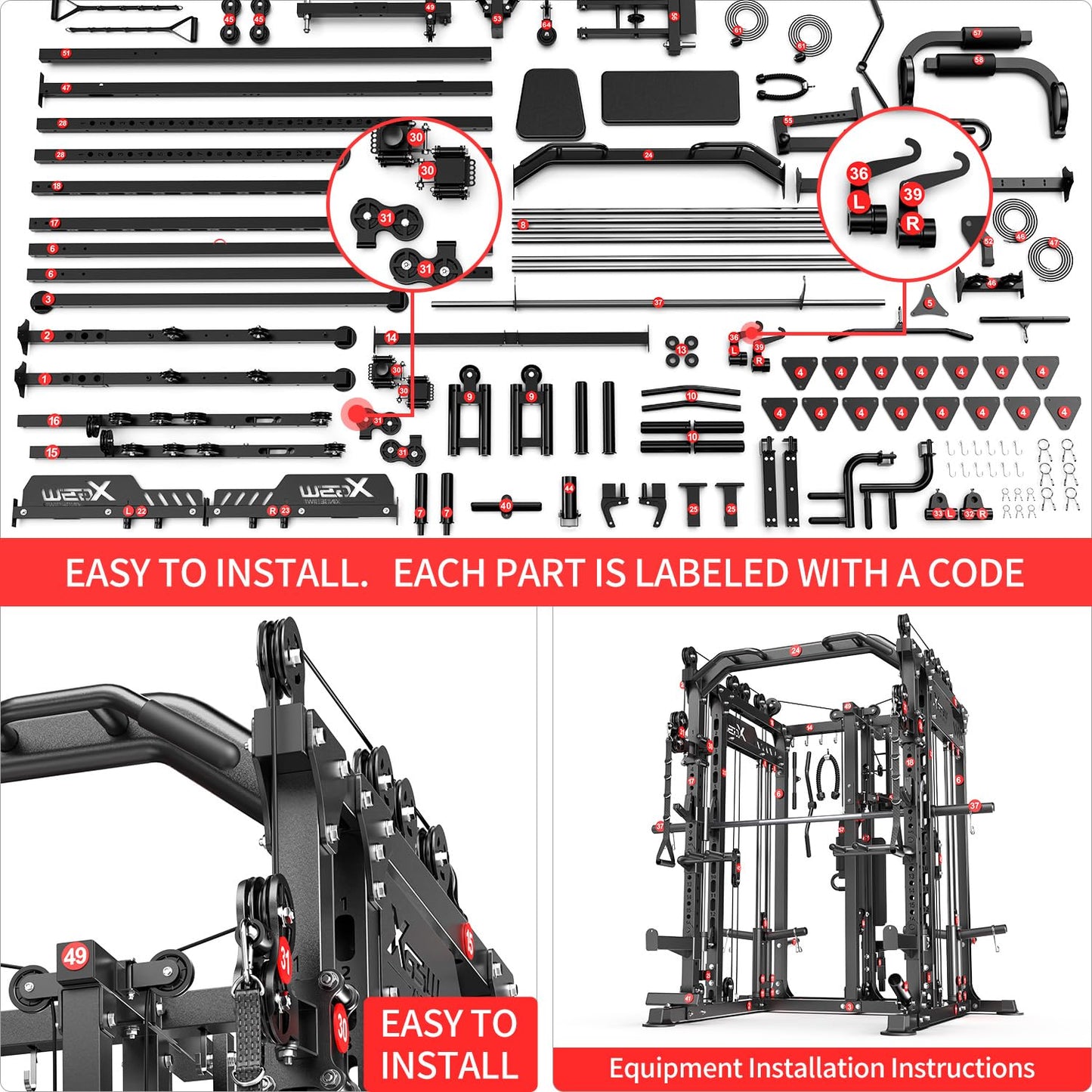 Multi-Purpose Squat Rack,Smith Machine Weight Rack Set with Cable Crossover System, Home Gym Power Racks, Power Racks and Packages (L06 two users, Power cage Black+bench+(pole+Cast lron)250LBS)