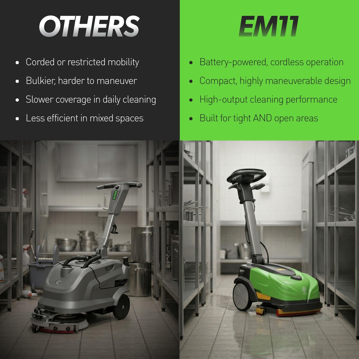 IPC Eagle EM11 Walk-Behind Floor Scrubber – Battery-Powered Compact Scrubber, 11” Cleaning Path, Designed for Tight Spaces