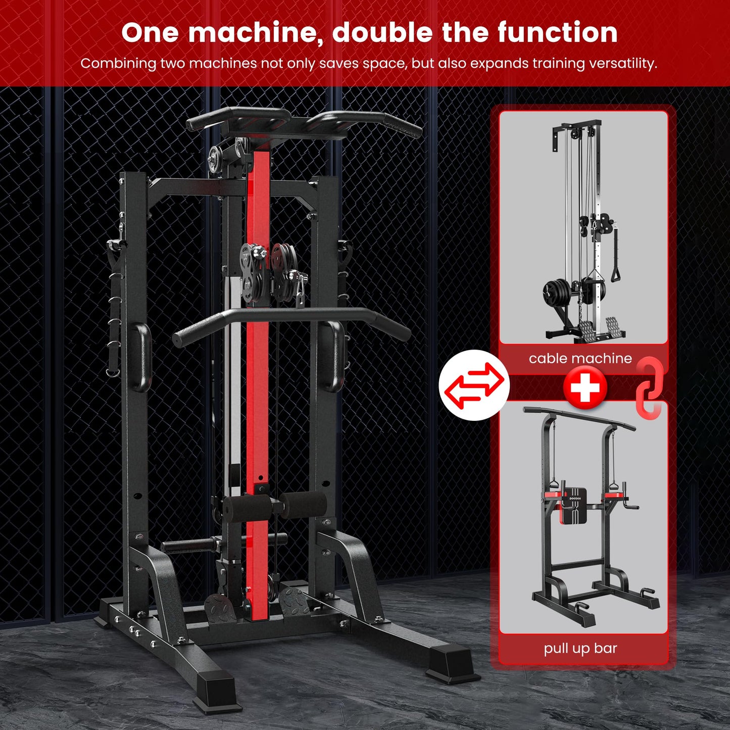 pooboo 450LBS All-in-One Home Gym Functional Trainer with LAT Pulldown System, Power Cage & Cable Crossover Machine, Squat Rack with Dual Pulley System and Dip Bars