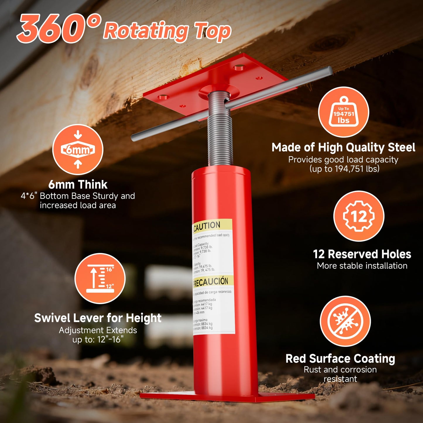 House Floor Jacks,Telescoping Screw Jacks 12"-16" Height Adjustable Basement Floor Jacks Post Pole for Leveling,Foundation Jack for Basement, Floor Joist,Beam,Temporary Support(2 Pack)