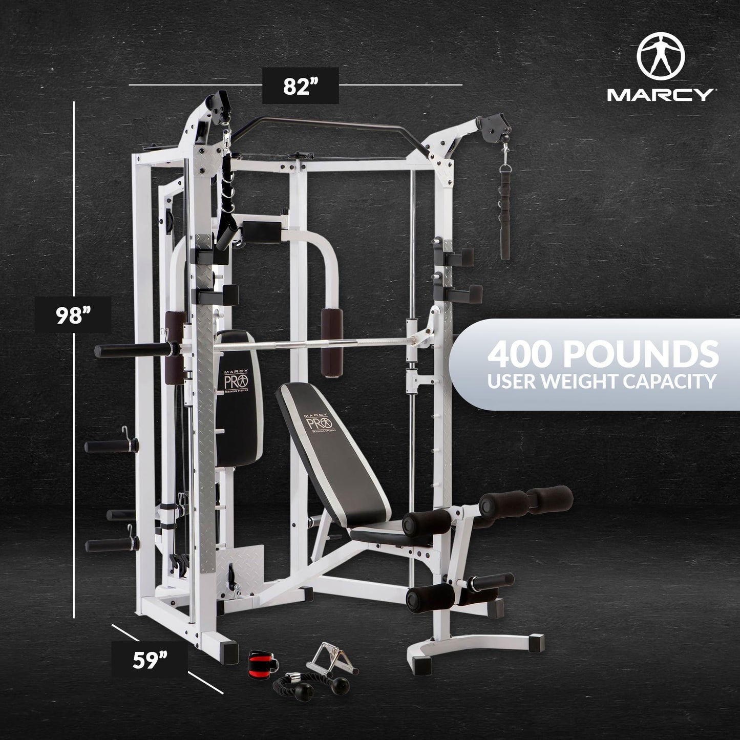 Marcy Combo Smith Cage Machine Full Body Training Home Gym System with Leg Developer, Padded Workout Bench, and Strength Training Weight Bar, White