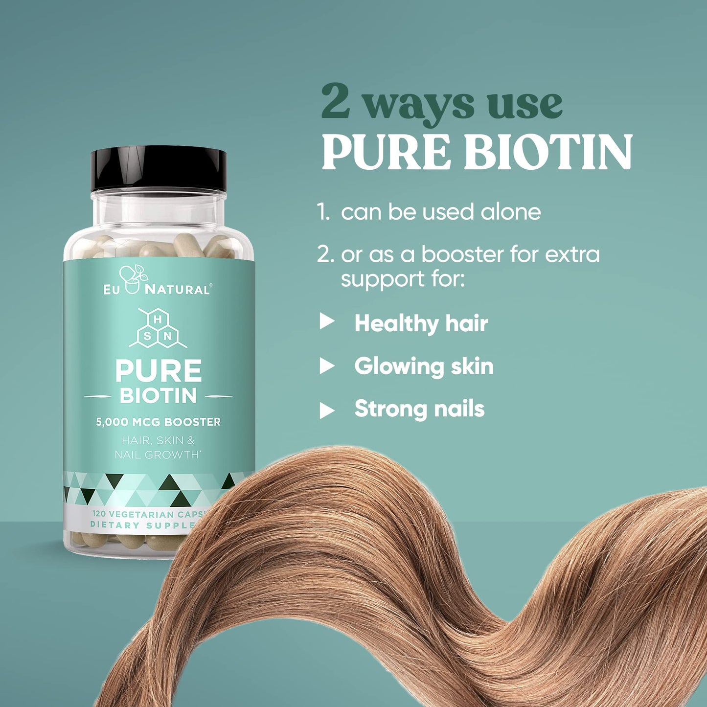Biotin 5000 mcg Hair Skin Nails Supplement - High-Potency Hair Growth Vitamins for Women & Men - Provide Powerful Support for Healthy Hair, Stronger Nails and Glowing Skin - 120 Vegan Soft Capsules