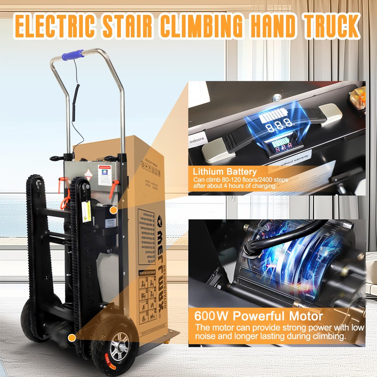 ROOMEDAL Electric Stair Climbing Hand Trucks Dolly Cart for Moving 661lb Capacity Heavy Duty Folding Stair Climber Cart Hand Trolley, Battery Powered for Furniture Family Logistics Warehouse
