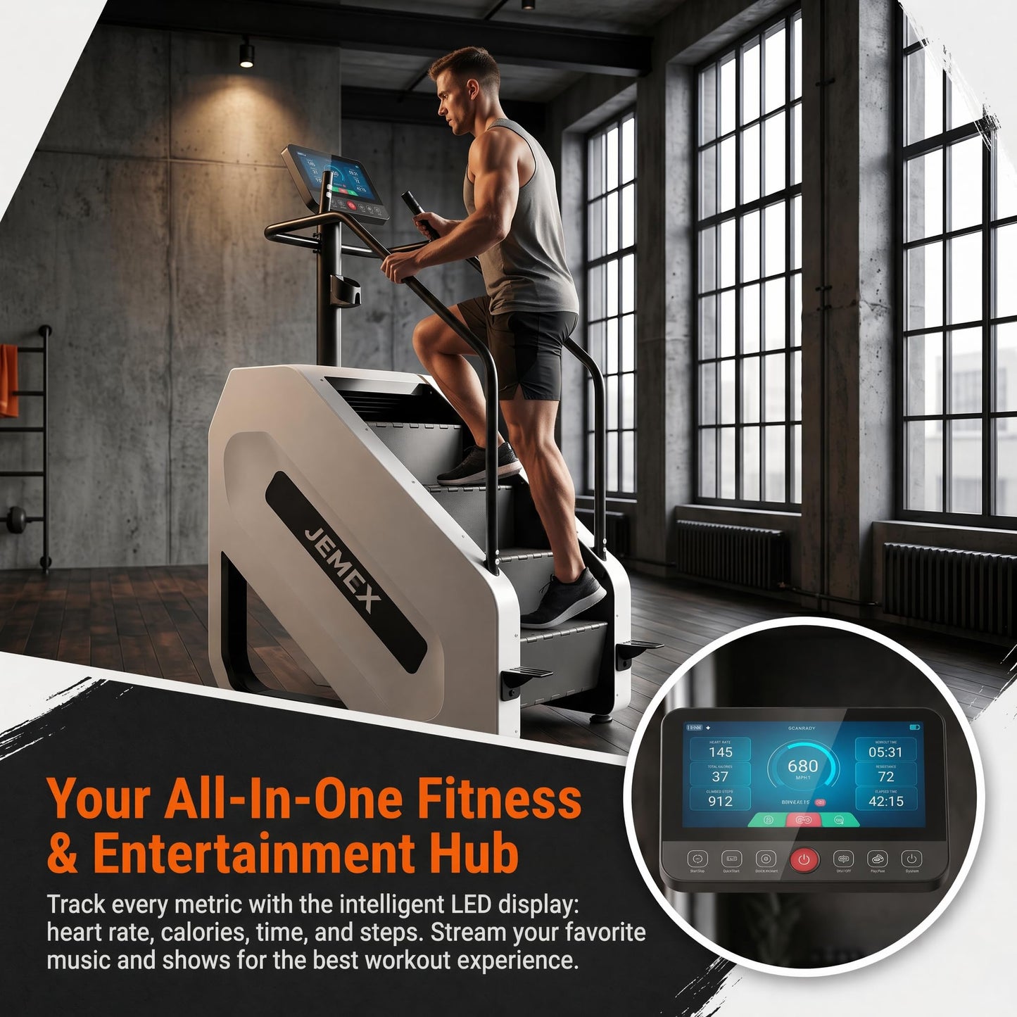 JEMEX Stair Stepper Machine, Heavy Duty Stair Climber with 15 Resistance Levels, Low Impact Cardio for Home Gym, Infrared Auto-Lock, LED or Standard Model, 375 lbs (White, LED Display)