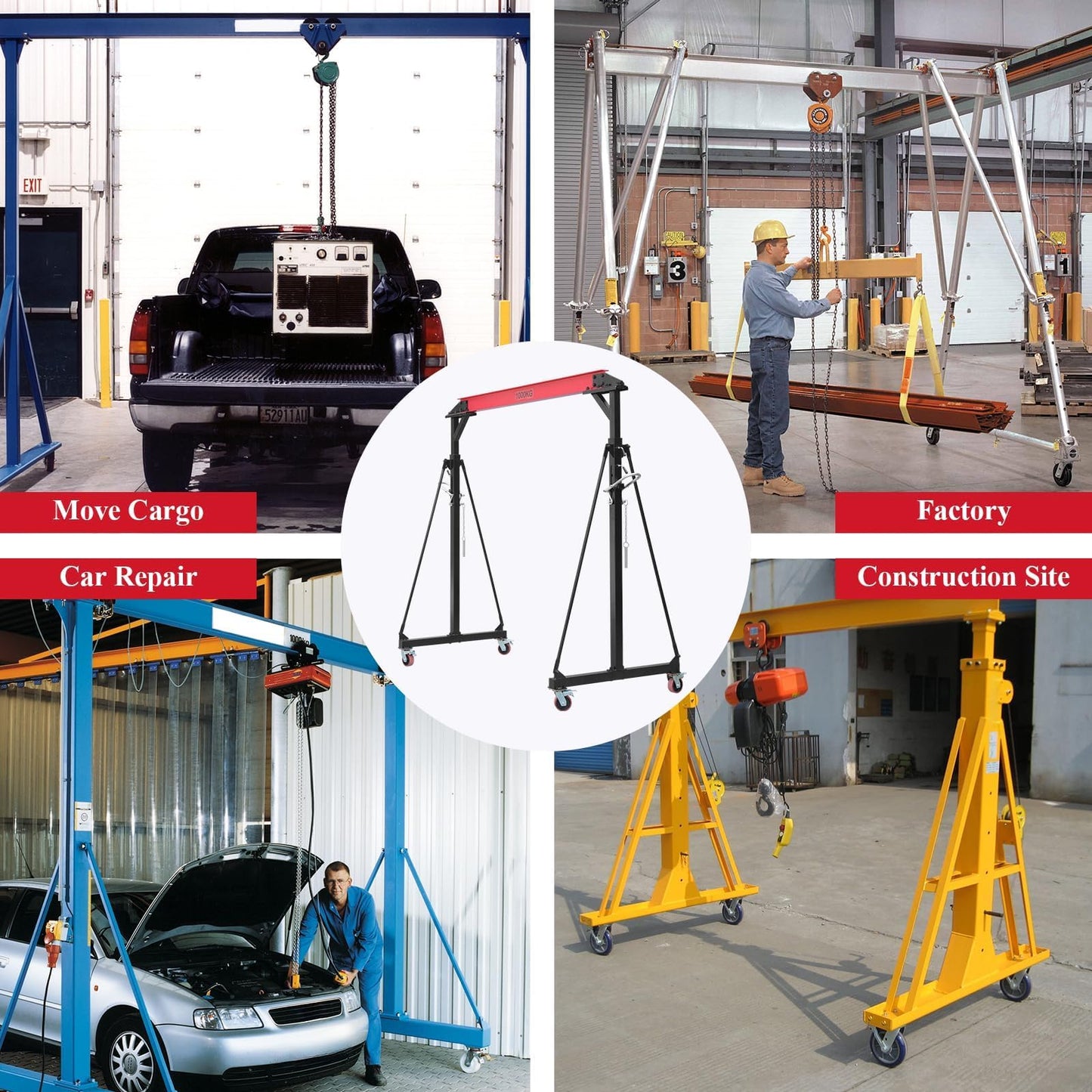 1-Ton Adjustable Gantry Crane, 2200 Lbs Capacity & 8.5ft Span, Heavy-Duty Steel Hoist with Locking Wheels for Warehouse, Workshop, Garage (7.5ft-12ft Adjustable Height)