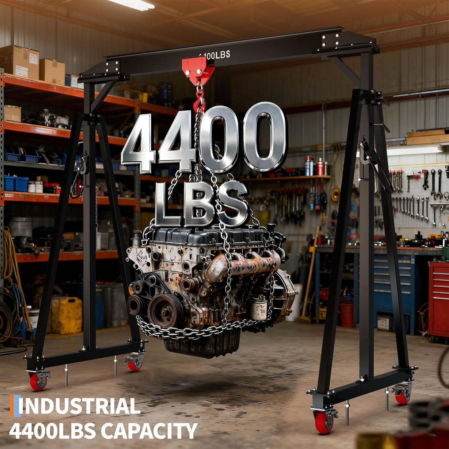 GarveeTech 2 Ton Gantry Crane 4400 LBS with Manual Trolley, Hook and Sling Strap, Height Adjustable from 97" to 141", Portable Shop Hoist with 12-Position Locking Pins, for Workshop, Garage