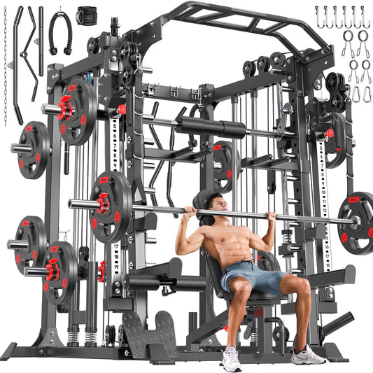 XGSW XINGESIWR Multi-Purpose Squat Rack,Smith Machine Weight Rack Set with Cable Crossover System, Home Gym Power Racks, Power Racks and Packages (L05, Power cage Black+Bench+(Pole+Cast lron) 338LBS)