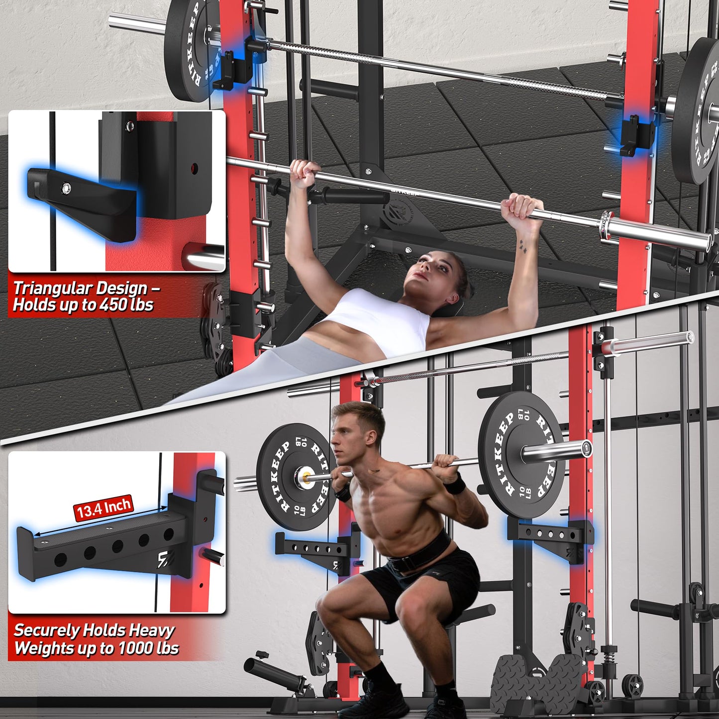 Smith Machine with Jammer Arms & Leg Press Board, RitKeep PMAX-4750 with 1800 lb Capacity ,All-in-One Smith Machine with Dual Cable Pulley System (1:1 & 2:1) for Home Gym Strength Training