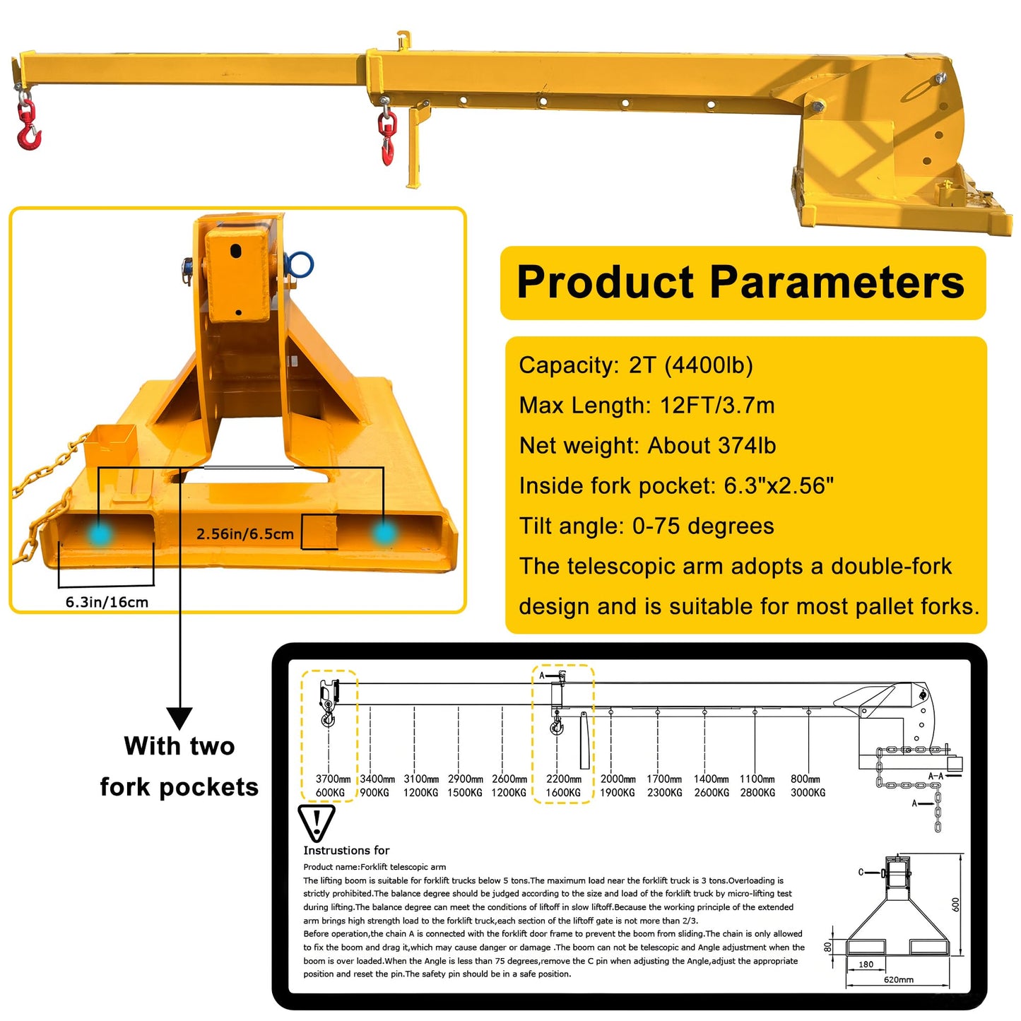 HayWHNKN 2T Forklift Telescopic Jib Boom Forklift Mobile Crane with 0-75° Adjustable Tilt Angle, 7-12ft Extension, 2 Hooks, Heavy-Duty Lifting Hoist Towing Handling for Warehouse Construction Factory