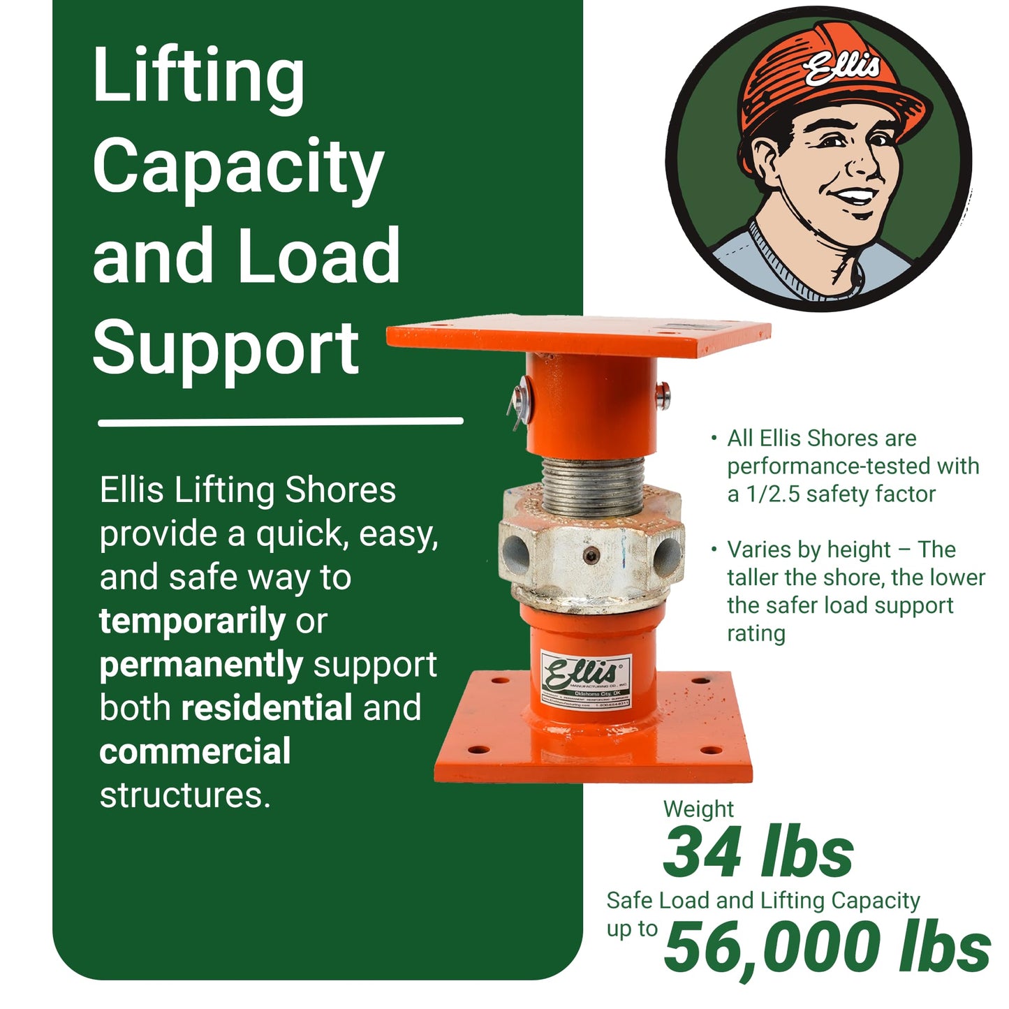 ELLIS Heavy-Duty Adjustable Steel Shore – Basement Jack for Floor Leveling, Foundation, Beams, and Concrete Bracing – 56,000 lb Safe Load Capacity – 10"-14" Adjustment