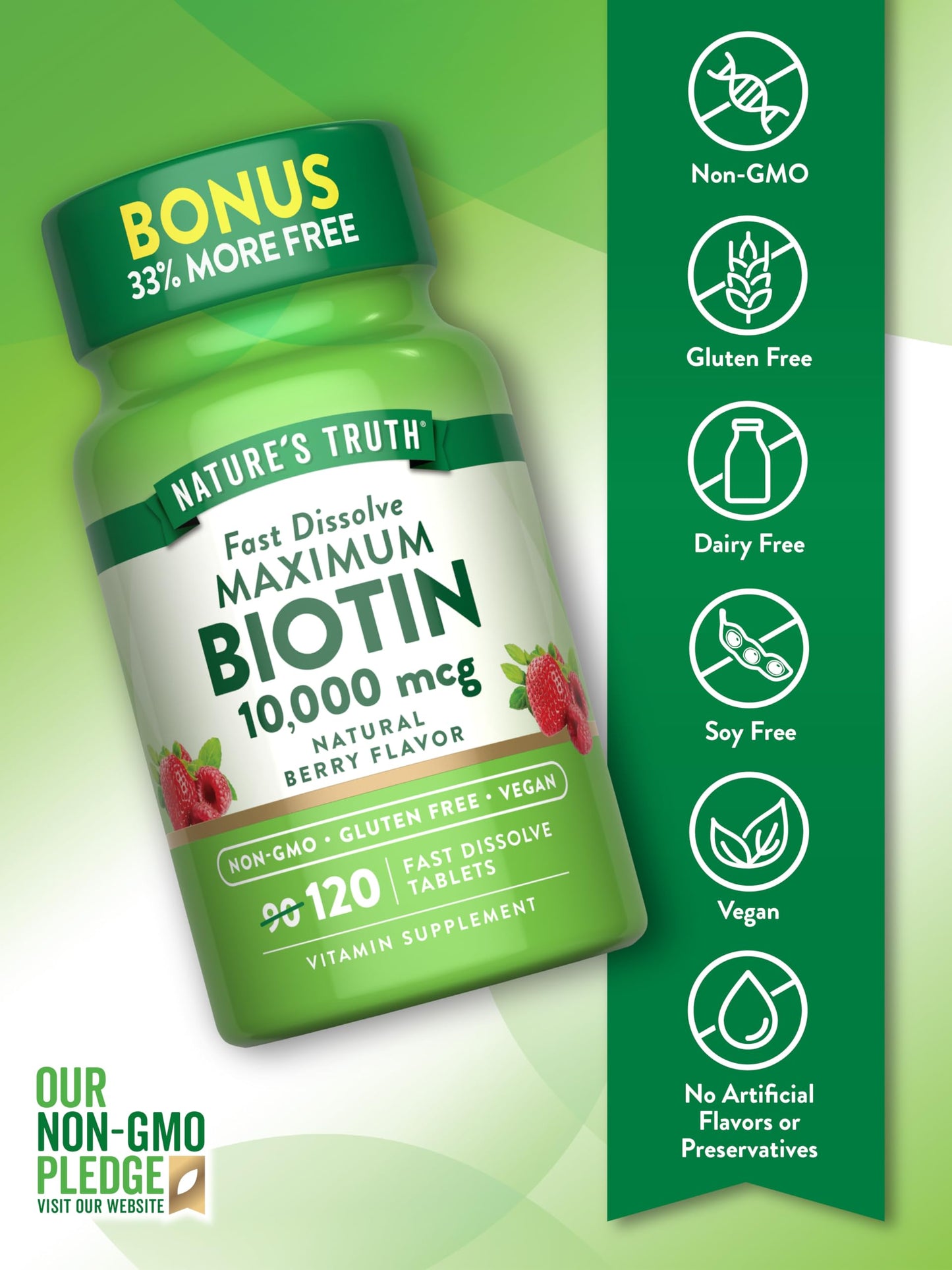 Nature's Truth Biotin 10000mcg | 120 Fast Dissolve Tablets | Maximum Strength | Natural Berry Flavor | Vegan, Non-GMO & Gluten Free Supplement