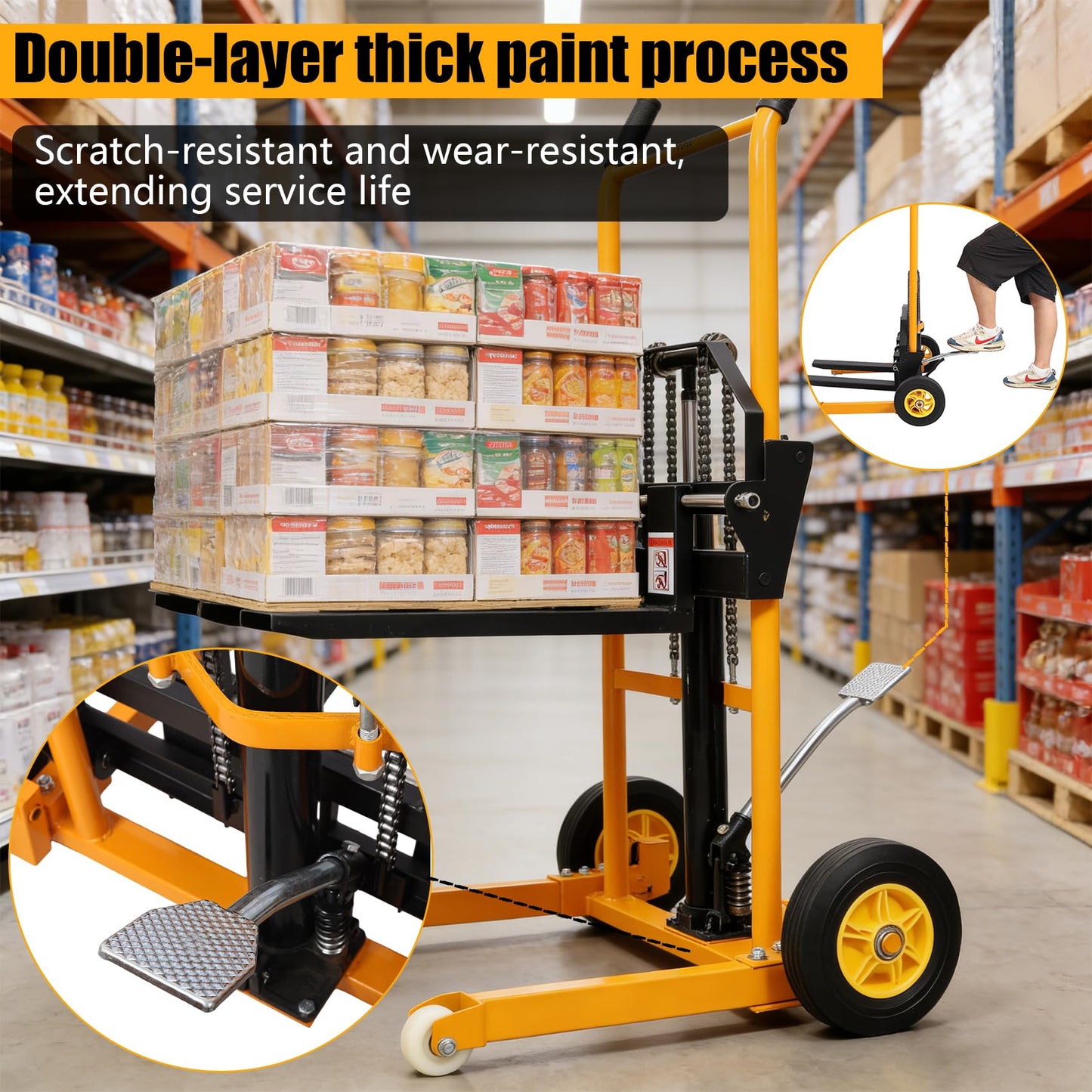 Heavy Duty Manual Pallet Stacker - 440 LB Capacity Hydraulic Lifting Equipment, 35.5" Lift Height with Adjustable Forks & 4-Wheel Mobility, Sturdy Steel Commercial Warehouse Tool, Yellow