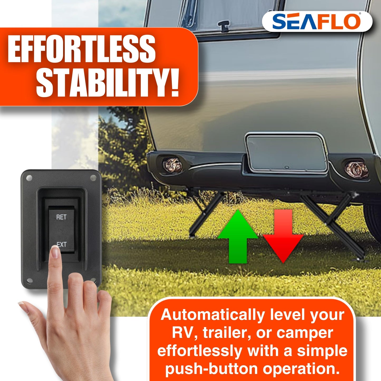 SEAFLO 12V High-Speed Electrical Powered Stabilizing Jack, 4,000 Lbs Static Load Capacity, Heavy-Duty Powder-Coated Steel, Up to 25” Extension, Waterproof Motor, Corrosion-Resistant, 4-Year Warranty