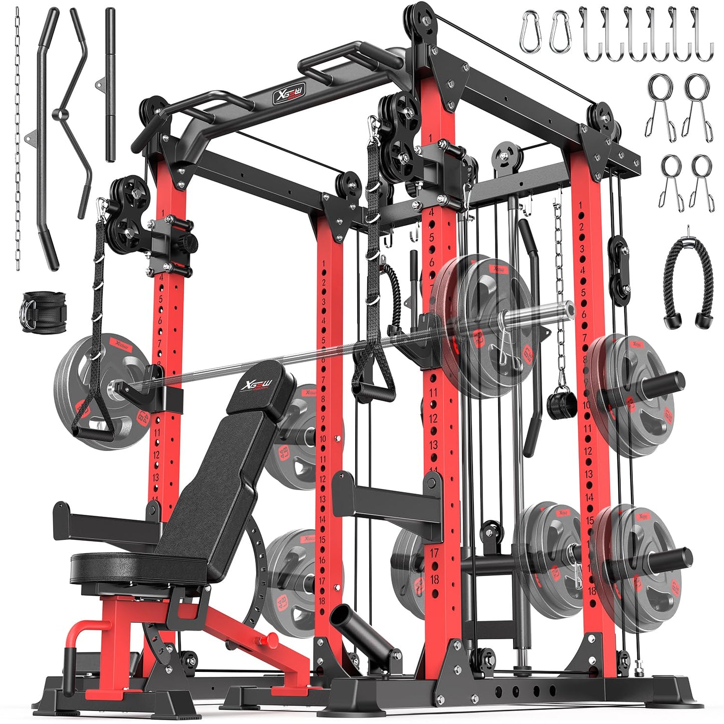 Power Rack Power Cage Multi-Function Squat Rack with Cable Crossover System Selectable More Training Attachment Power Rack for Garage & Home Gym (Red, B Set L02 Power Cage+Weight Bench)