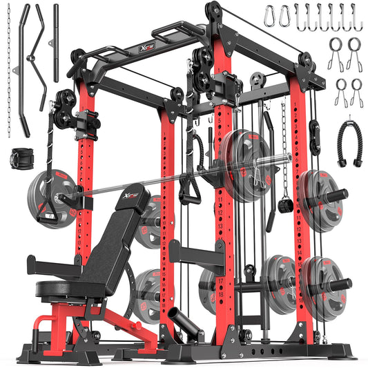 Power Rack Power Cage Multi-Function Squat Rack with Cable Crossover System Selectable More Training Attachment Power Rack for Garage & Home Gym (Red, B Set L02 Power Cage+Weight Bench)