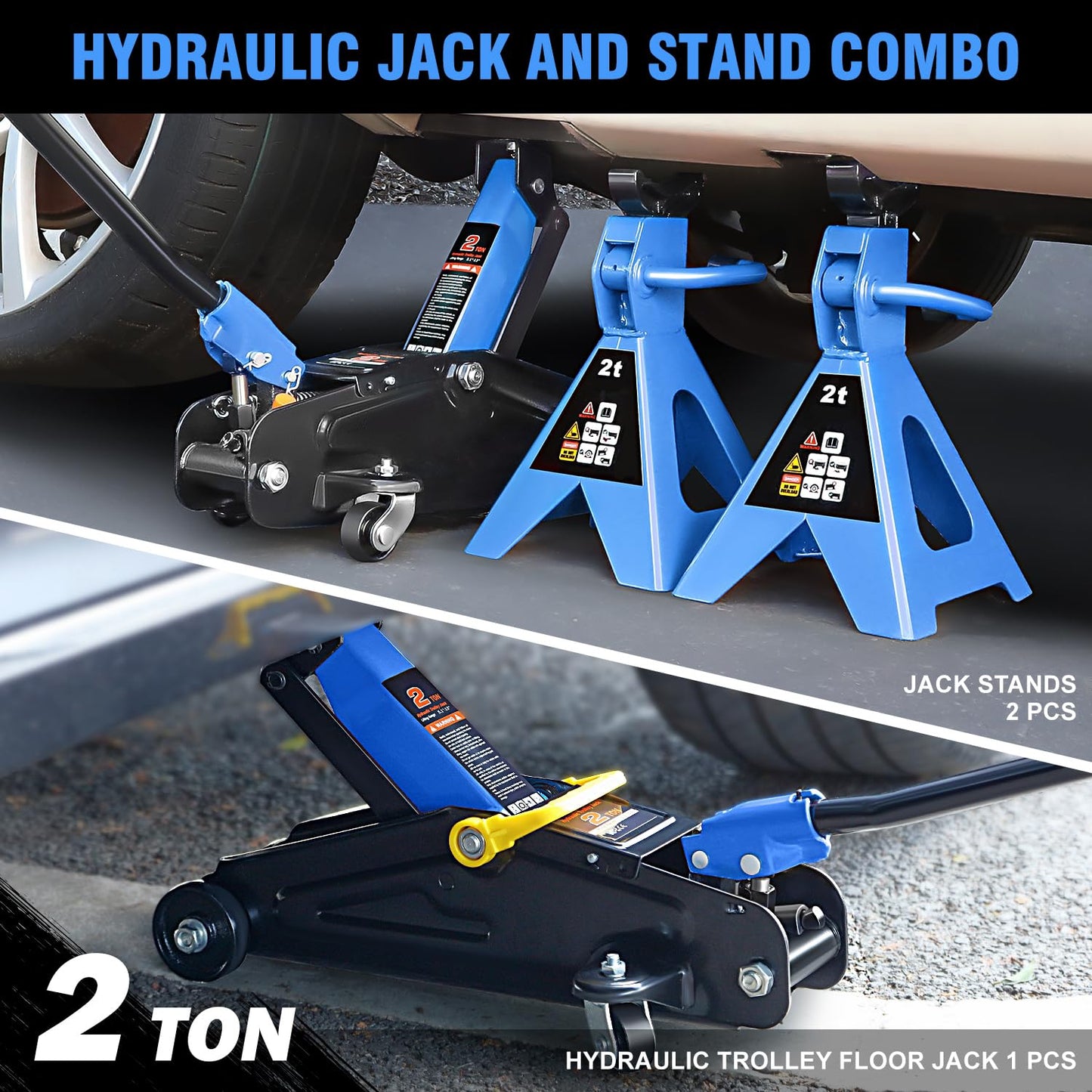 PM PERFORMOTOR Low Profile Hydraulic Trolley Service/Floor Jack Combo with 2 Ratchet Jack Stands, 2 Ton (4000 lbs) Capacity, Blue, PM-TOL-FJ3P-BL