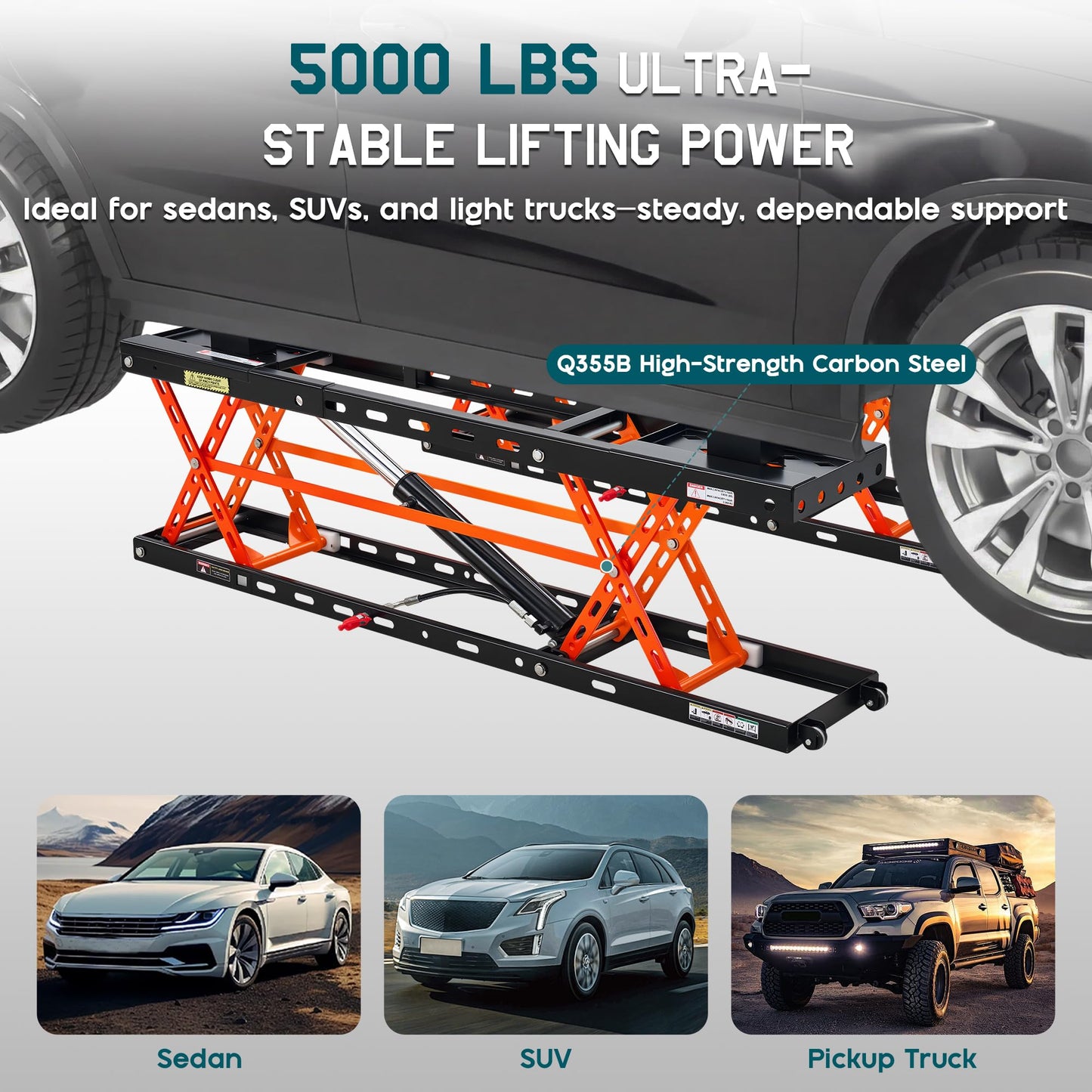Albott 5000 LBS Portable Car Lift, Q355B Steel Quick Jack for Home Garage, 20.1" Max Height with Height Extension Blocks, Foldable Design & Wheels, Black & Orange